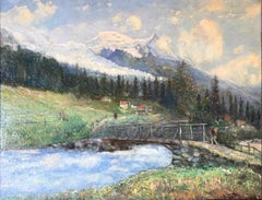 Impressionist Mountain Village Landscape with Man & stream