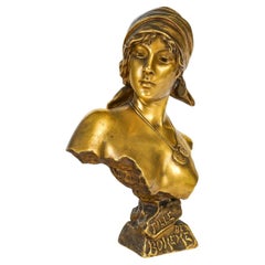 Antique Emmanuel Villanis - Bohemian Girl, Bust Of A Woman In Bronze With Golden Patina