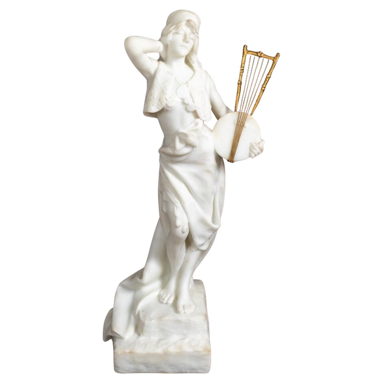 Emmanuel Villanis "Sappho" White Marble Sculpture For Sale