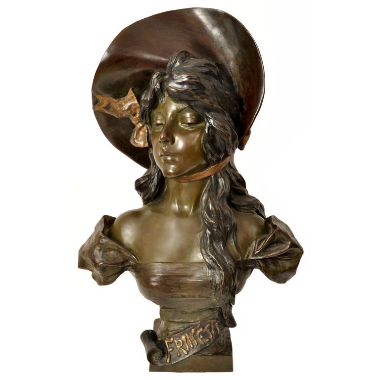 Antique French Art Nouveau Bronze Female Bust 
