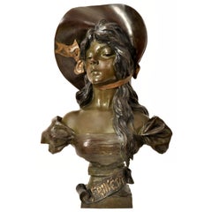 Antique French Art Nouveau Bronze Female Bust "Frinétte" Emanuel Villanis 1895