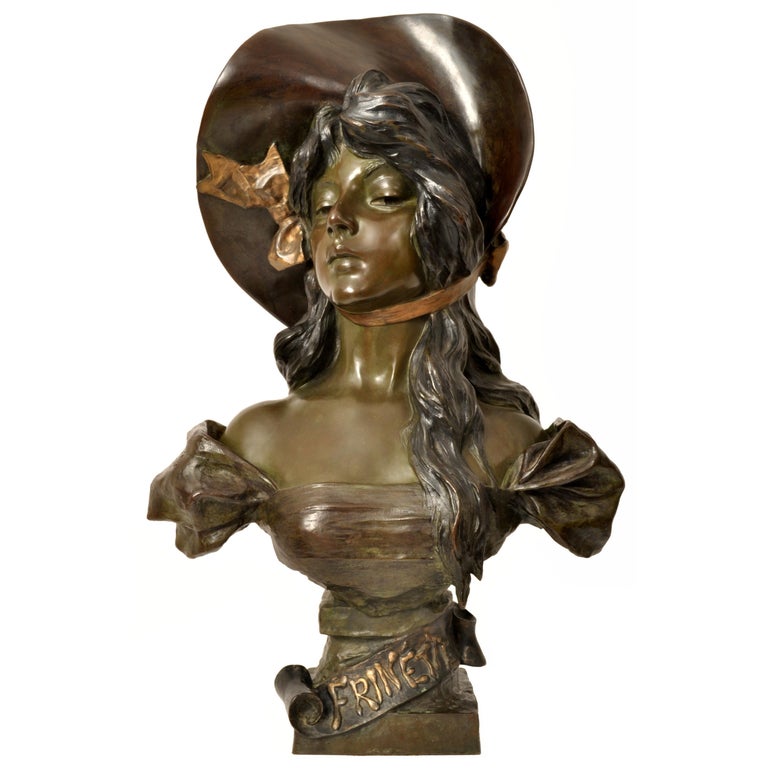 Emmanuel Villanis Figurative Sculpture - Antique French Art Nouveau Bronze Female Bust "Frinétte" Emanuel Villanis 1895