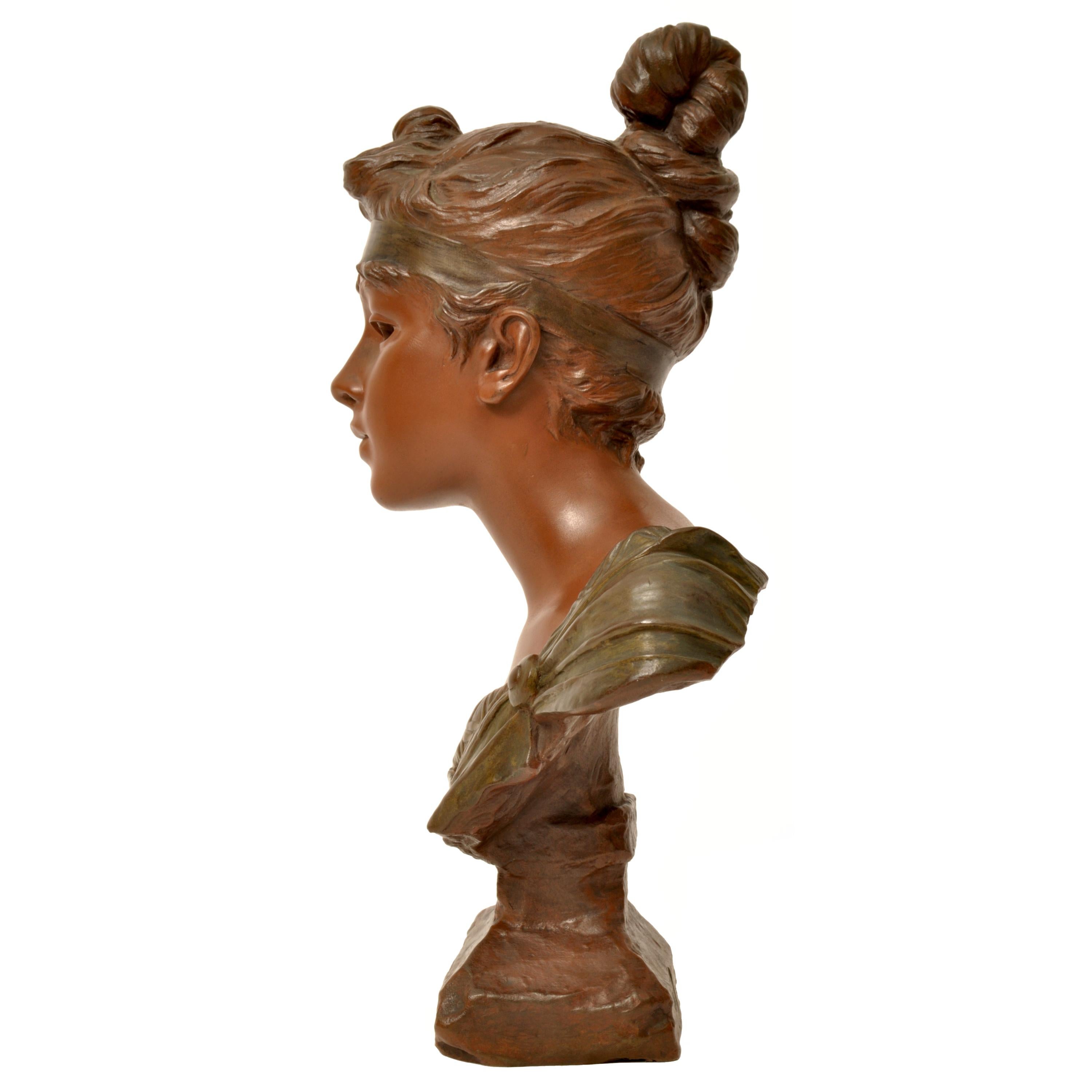 Antike französische Jugendstil-Bronzebüste „Frauenbüste „Phryne“ Emanuel Villanis 1900 (Art nouveau), Sculpture, von Emmanuel Villanis