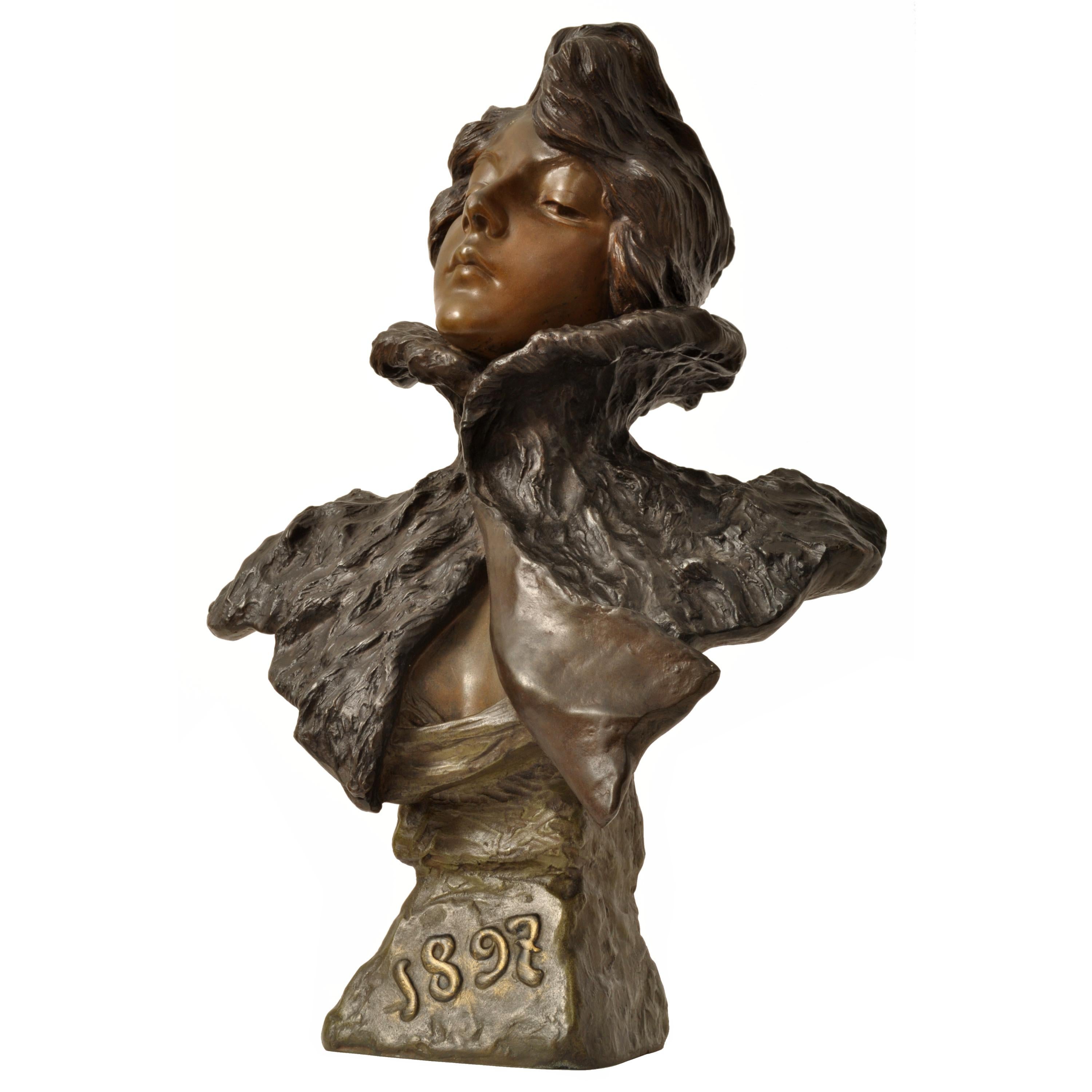 Antique French Art Nouveau Bronze Female Bust Sculpture 