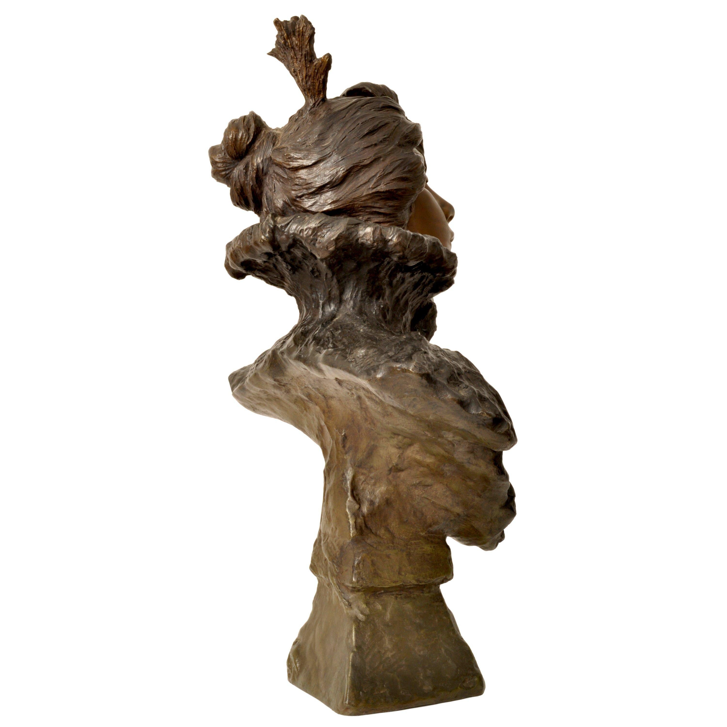 Antique French Art Nouveau Bronze Female Bust Sculpture 