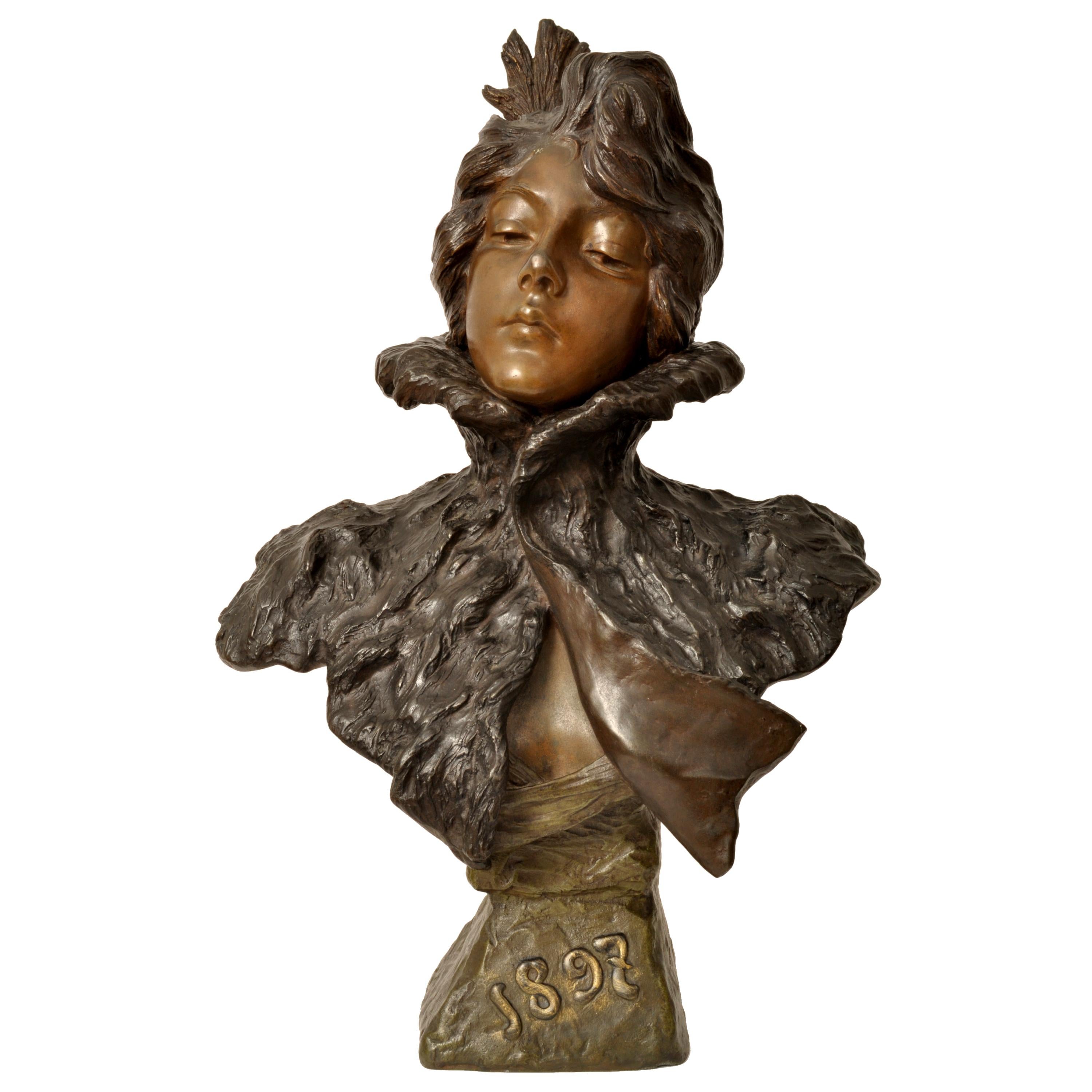 Emmanuel Villanis Figurative Sculpture - Antique French Art Nouveau Bronze Female Bust Sculpture "1897" Emanuel Villanis