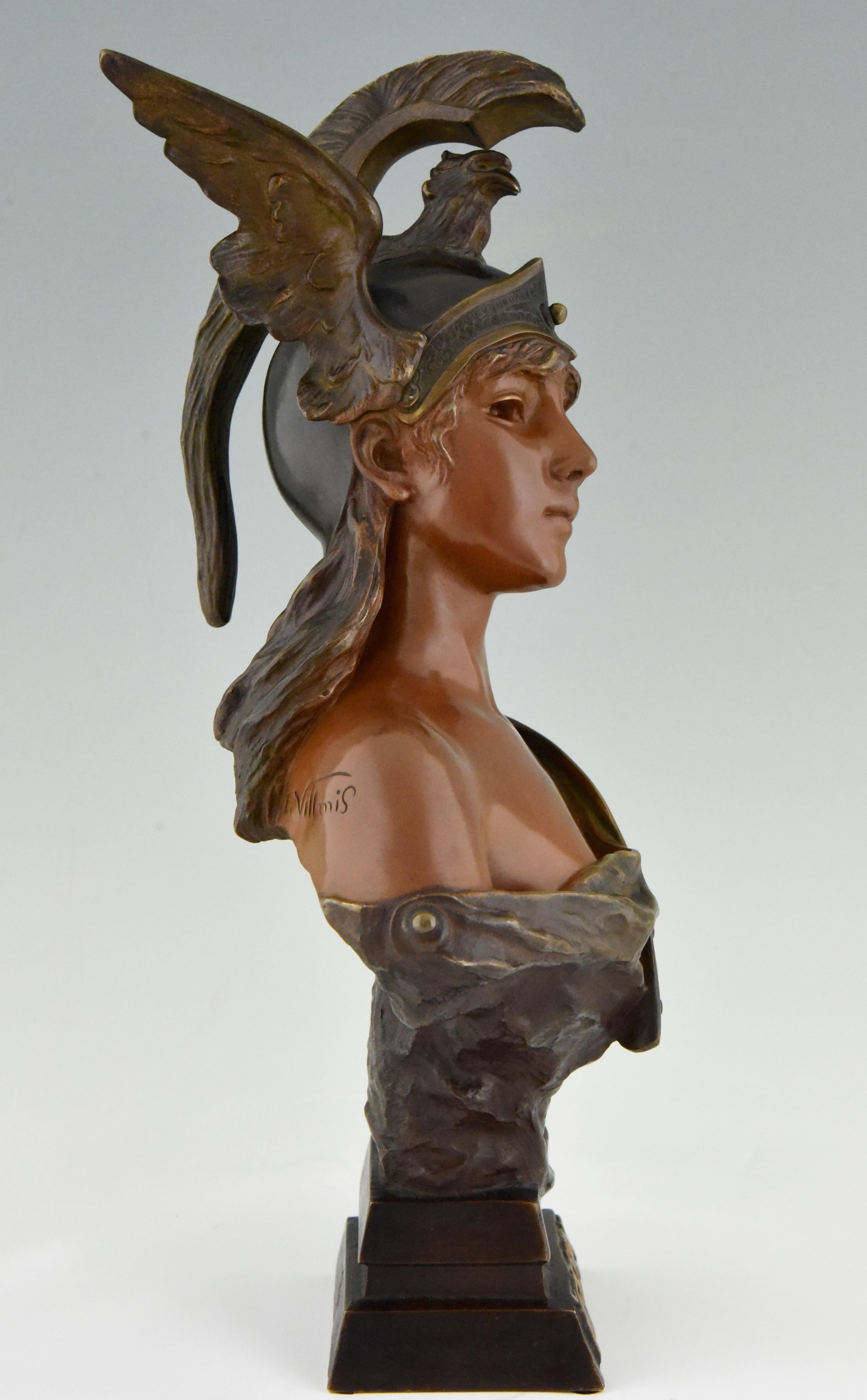 Patinated Emmanuel Villanis Walkyrie Art Nouveau Bronze Bust of a Woman with Helmet, 1900