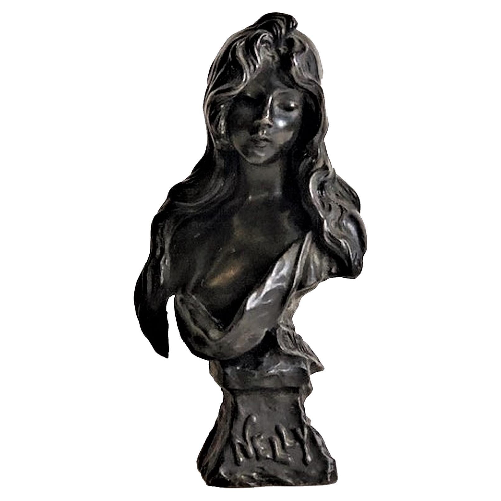 Emmanuel Villdnis, ‘Nelly’, French Art Nouveau Patinated Bronze Bust, ca. 1890 For Sale