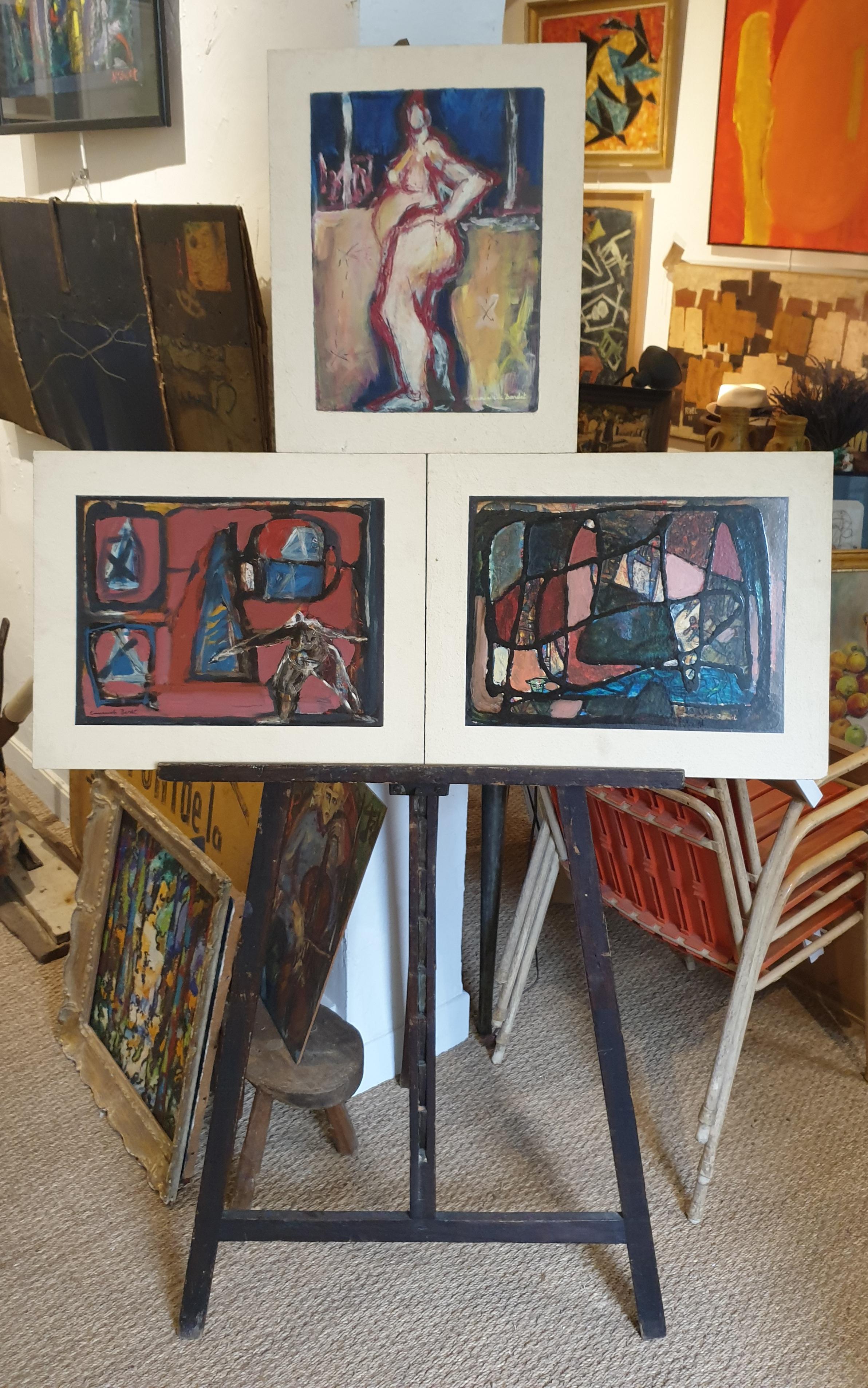 Sammlung von drei abstrakten expressionistischen Ölgemälden auf Karton der französischen Künstlerin Emmanuelle Bardet aus dem späten 20. Alle sind auf der Vorderseite signiert und jeweils auf der Rückseite mit dem Datum 1995 und dem Titel versehen.
