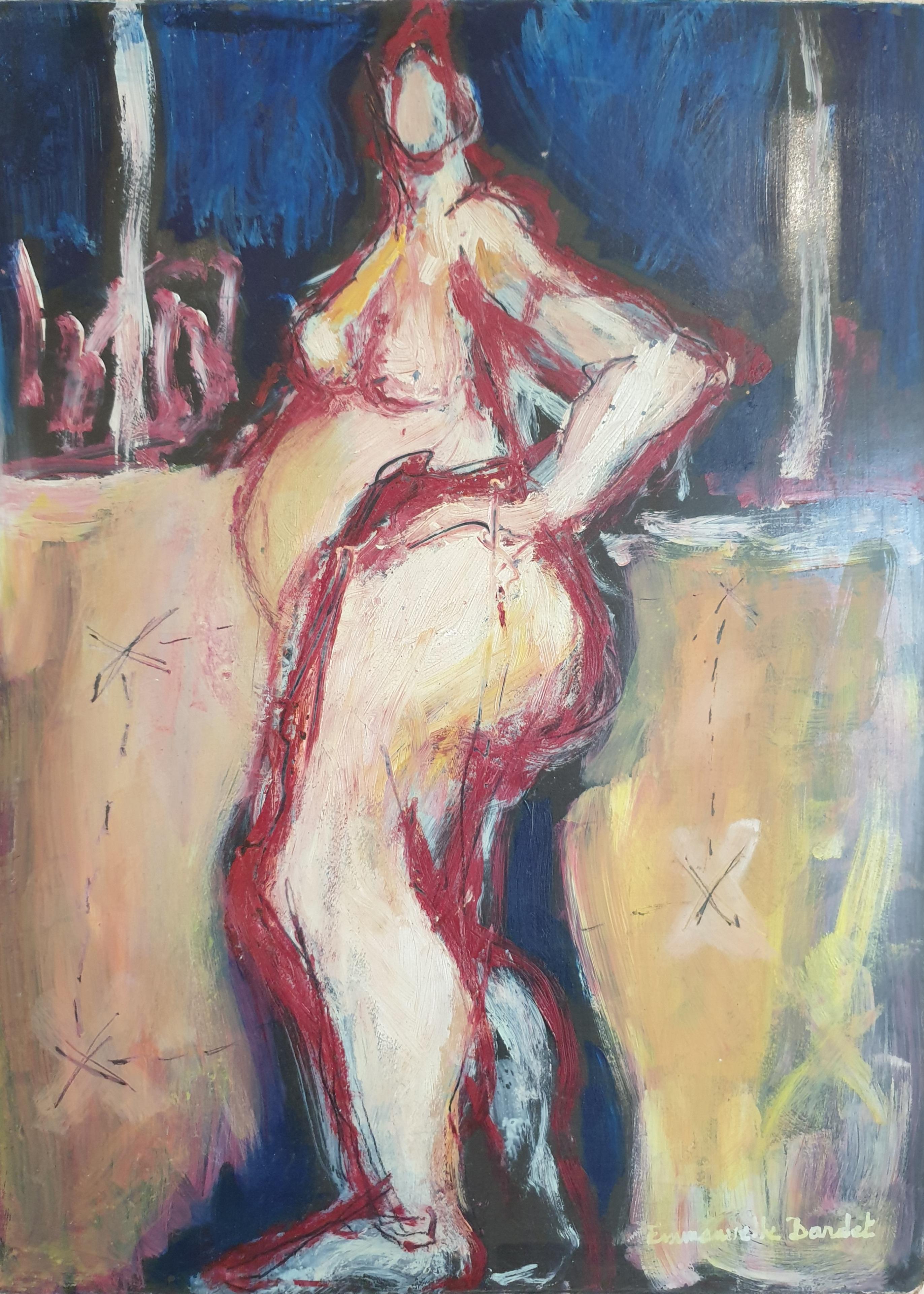 Emmanuelle Bardet  Figurative Painting - "La Cagole", "The Extrovert", French Abstract Expressionist Oil on Board.