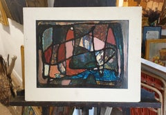 "La Corrida", "The Bull Run", French Abstract Expressionist Oil on Board.