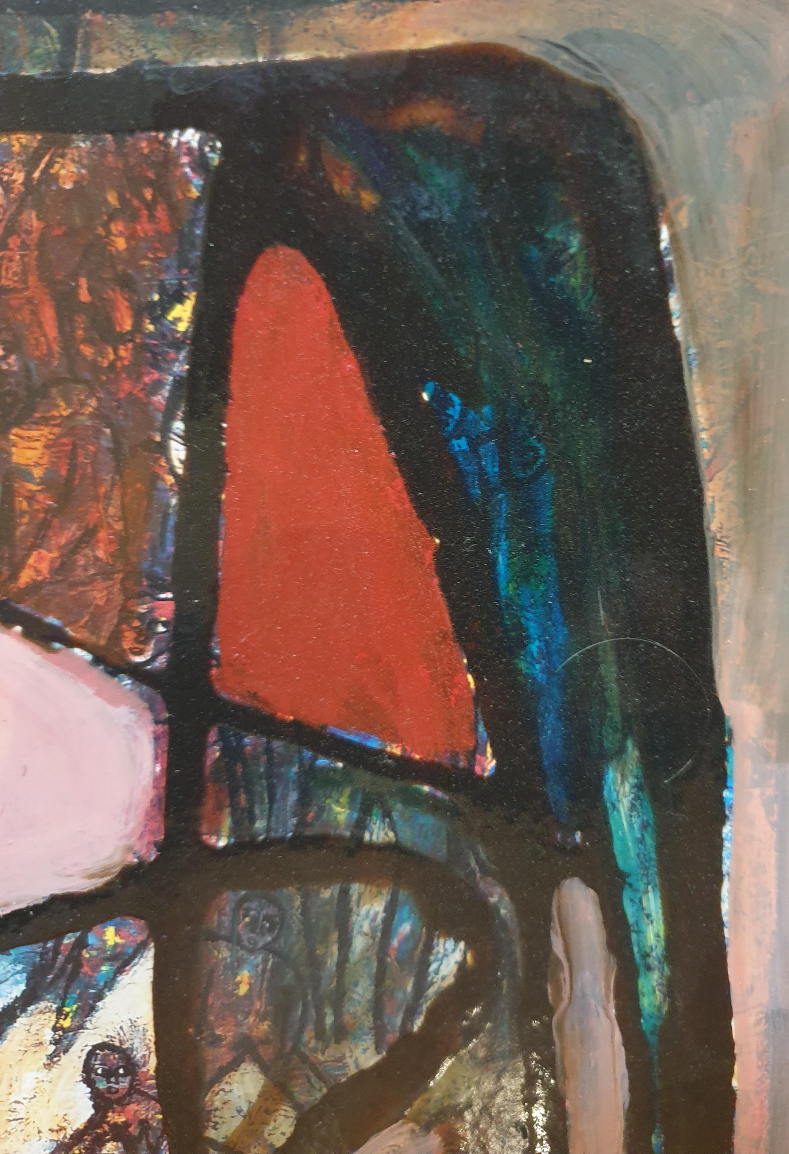 Abstraktes expressionistisches Öl auf Karton der französischen Künstlerin Emmanuelle Bardet, Ende des 20. Jahrhunderts. Signiert unten rechts, datiert 95 und rückseitig betitelt 