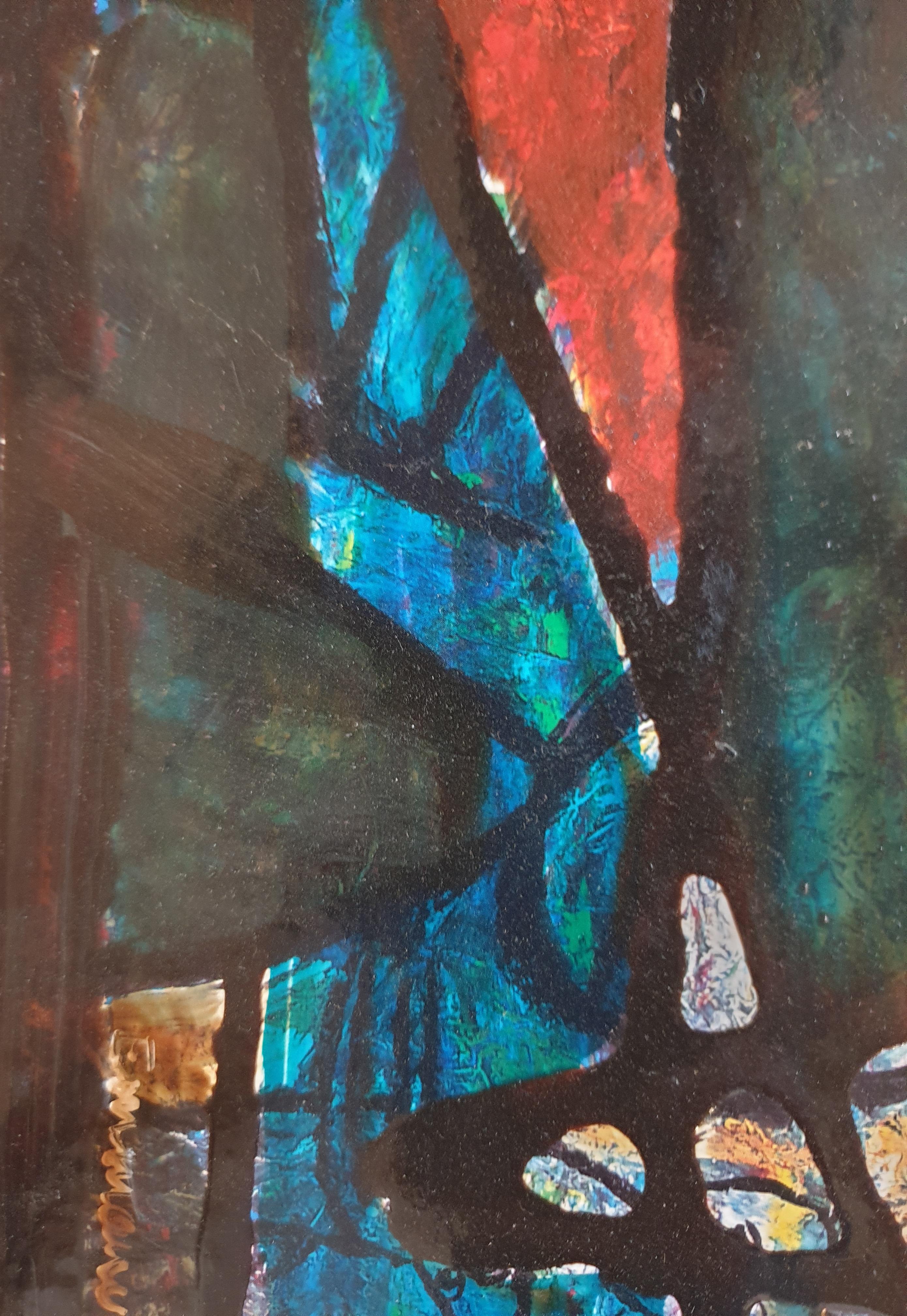 Olio astratto espressionista su tavola della fine del XX secolo dell'artista francese Emmanuelle Bardet. Firmato in basso a destra e datato 95 e intitolato 