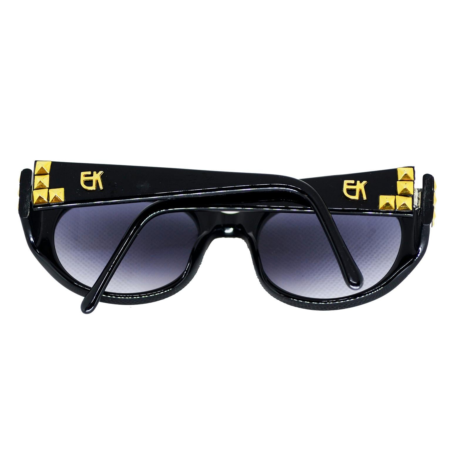 Women's Emmanuelle Khanh 1980s Vintage Black Sunglasses With Gold 3d Squares