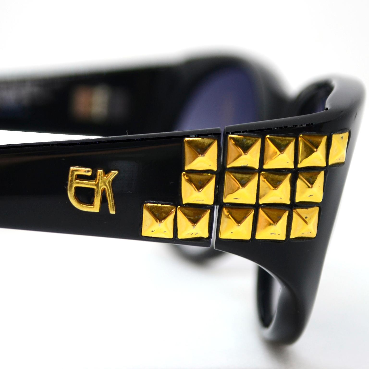 Emmanuelle Khanh 1980s Vintage Black Sunglasses With Gold 3d Squares 1