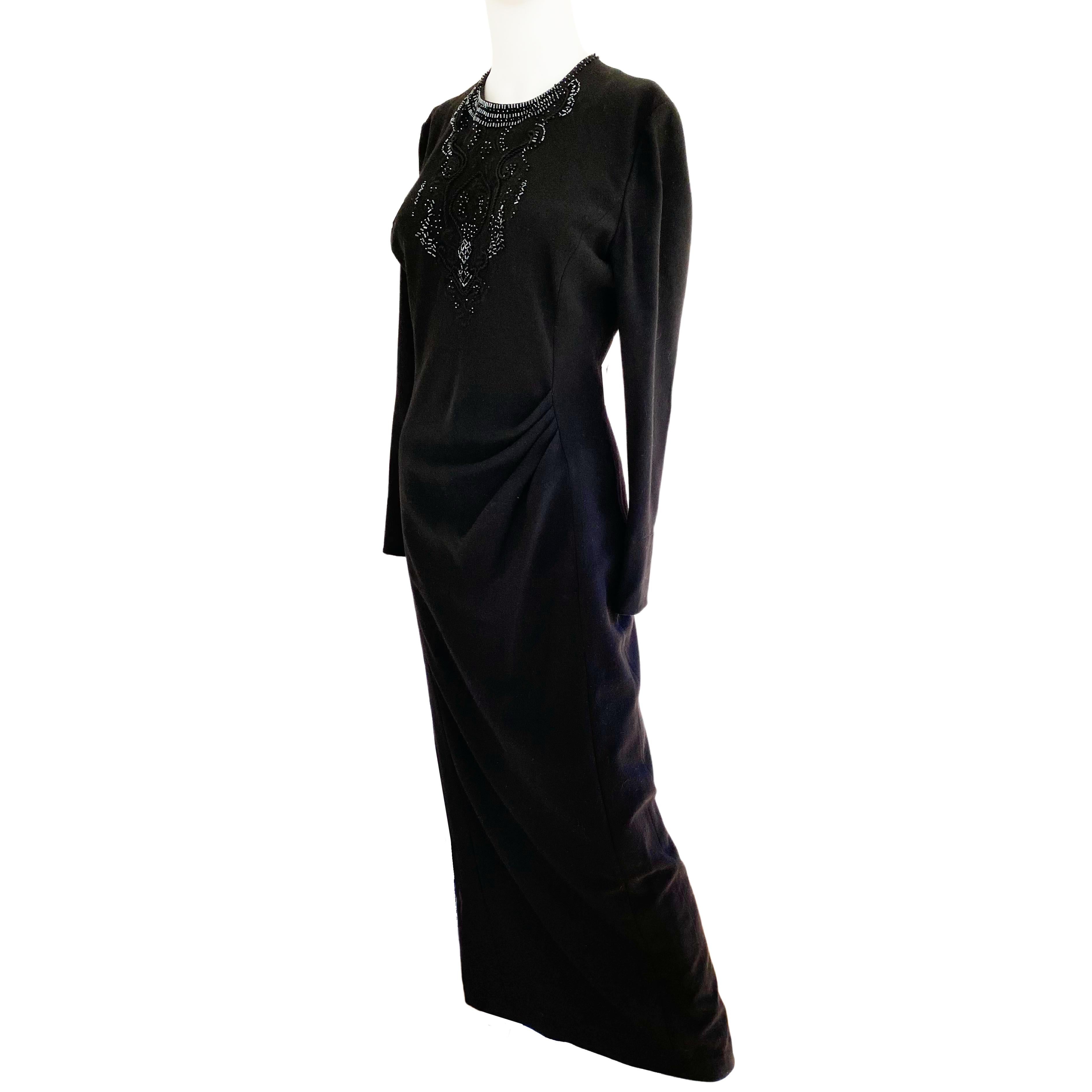 Classy and regal, vintage Emmanuelle Khanh Paris gown.
Condition: No sign of use, if any
Fabric: 100% worsted wool, completed lined 
Construction: Tailored precision in fit. Buttons at sleeve end. 
Embellishments: Intricate beading
Circa: estimated