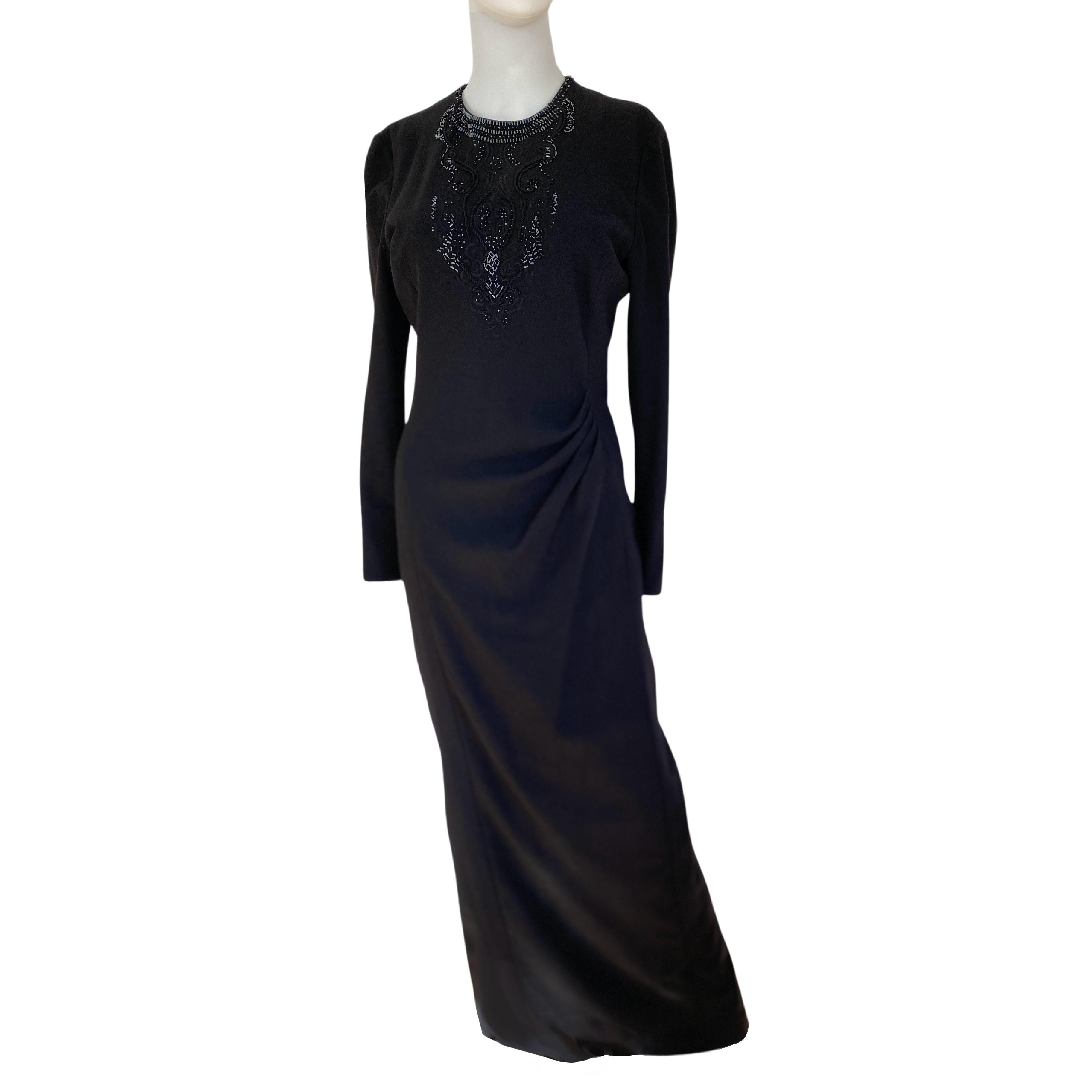 Emmanuelle Khanh Made in France Embellished Black Worsted Wool Maxi Draped Dress In Excellent Condition For Sale In Boston, MA