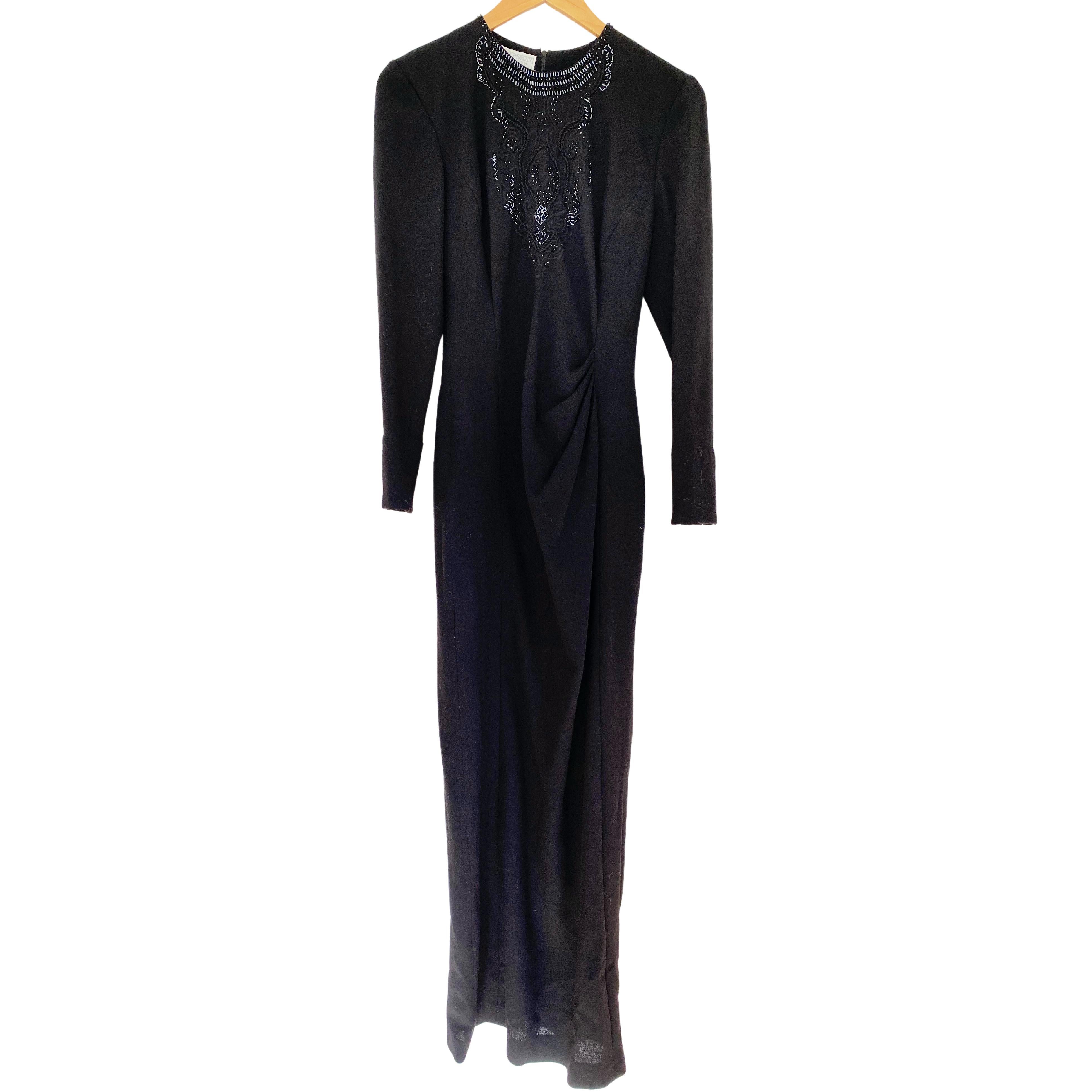Women's Emmanuelle Khanh Made in France Embellished Black Worsted Wool Maxi Draped Dress For Sale