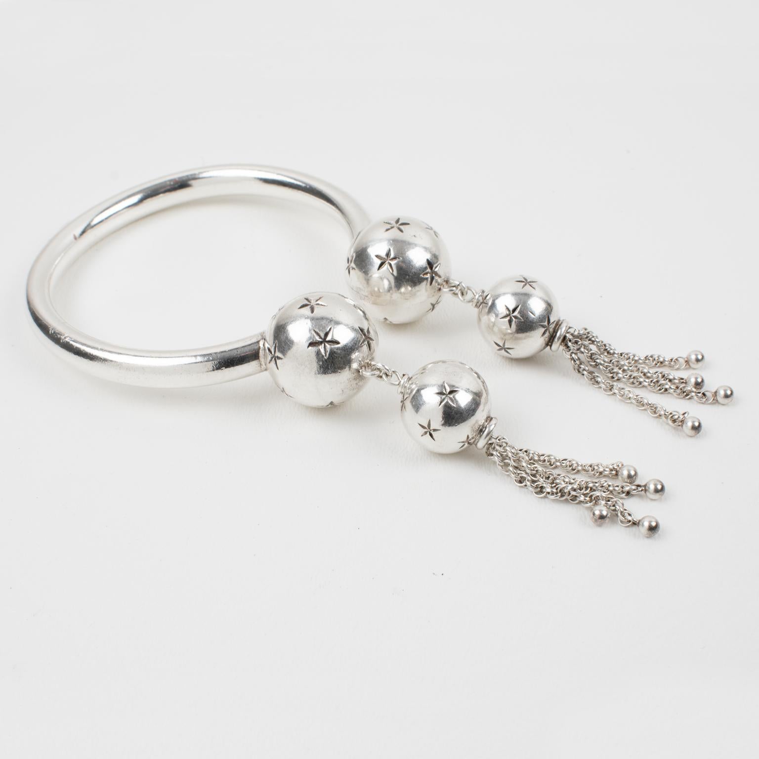 Modernist Emmanuelle Khanh Paris Silver Plate Cuff Bracelet with Dangle Charms For Sale