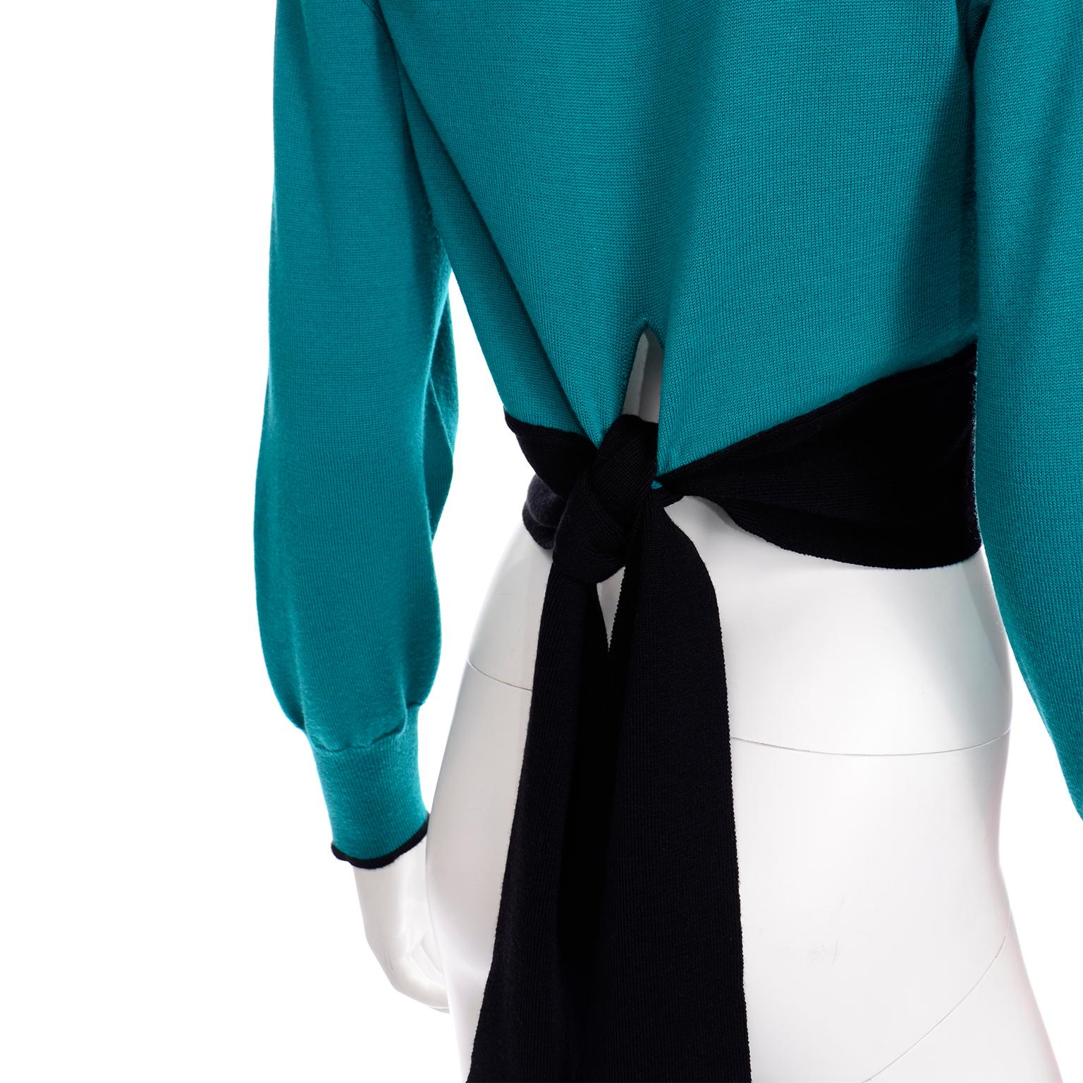 Emmanuelle Khanh Vintage Teal Wool Sweater With Navy Blue Tie Sash 7