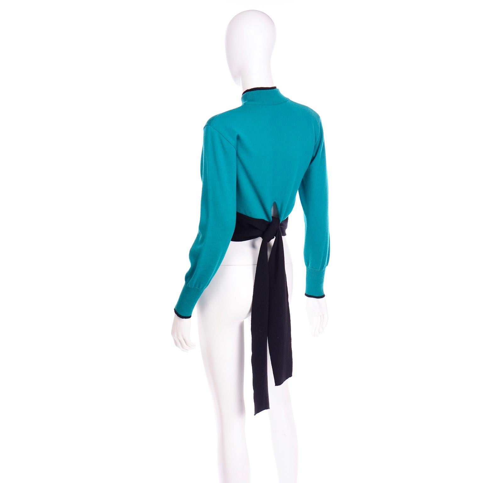Emmanuelle Khanh Vintage Teal Wool Sweater With Navy Blue Tie Sash 3