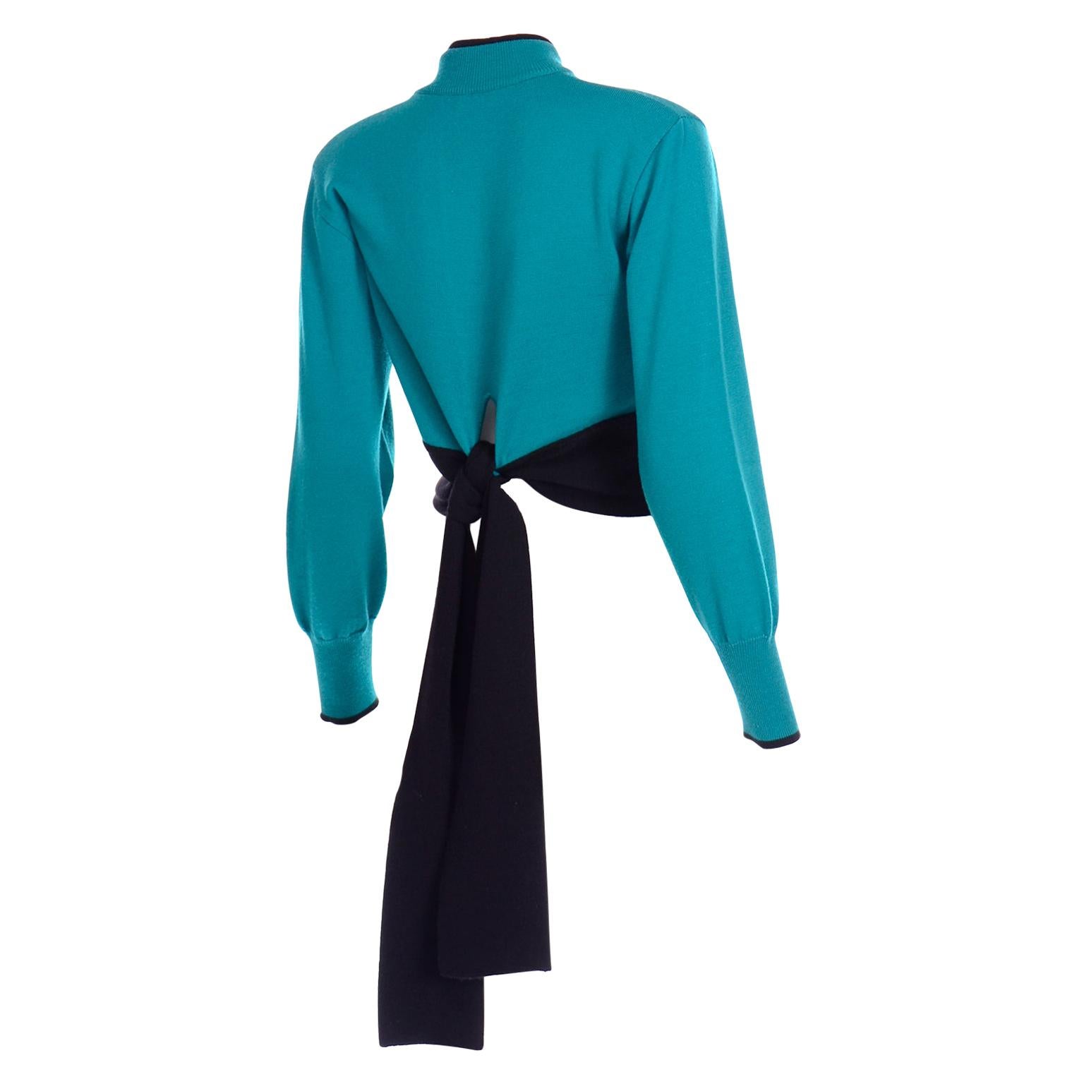 Emmanuelle Khanh Vintage Teal Wool Sweater With Navy Blue Tie Sash