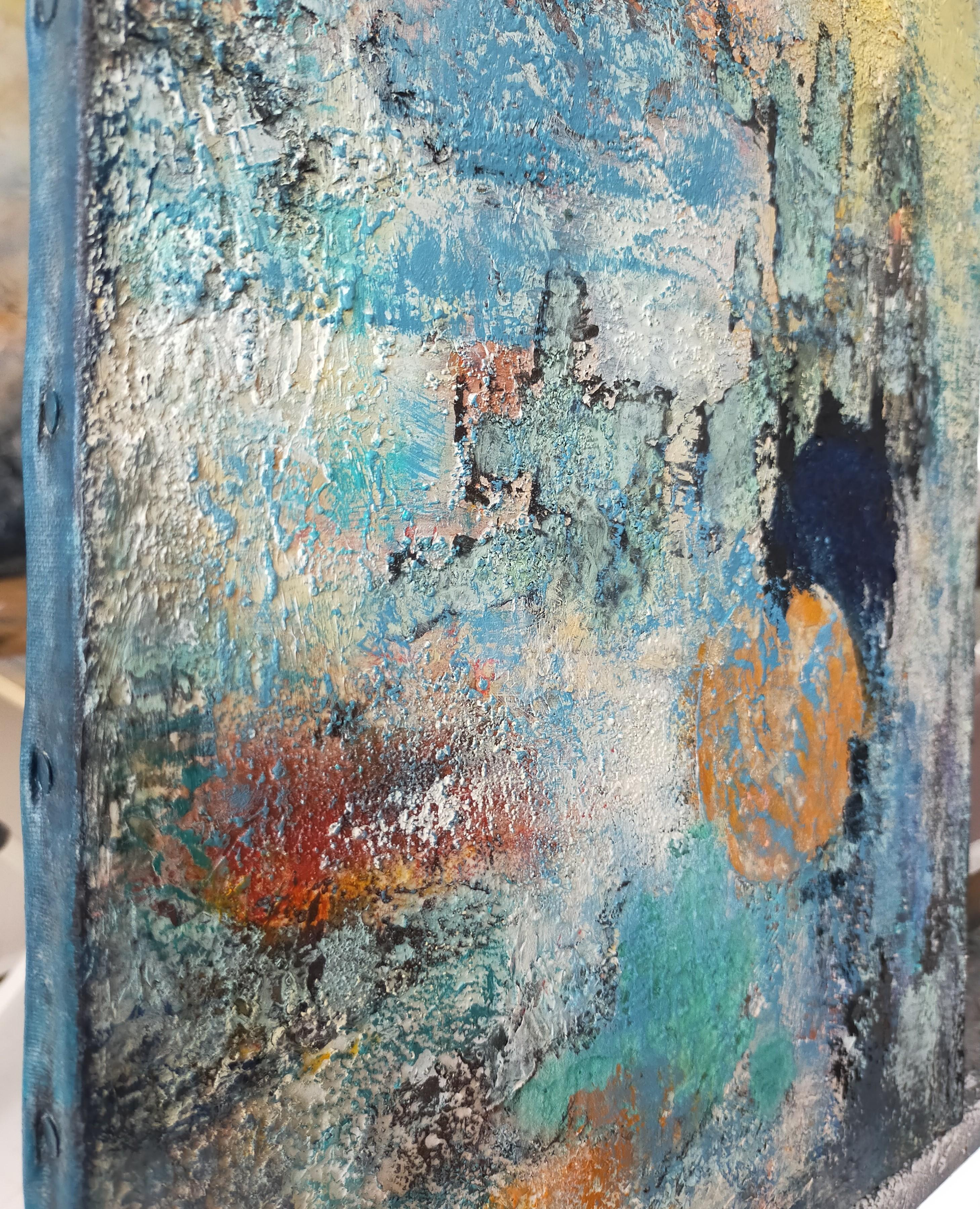 « 29/02/25 » acrylique abstraite, toile de lin collageon, 80 x80 cm - Painting de Emmanuelle Vroelant