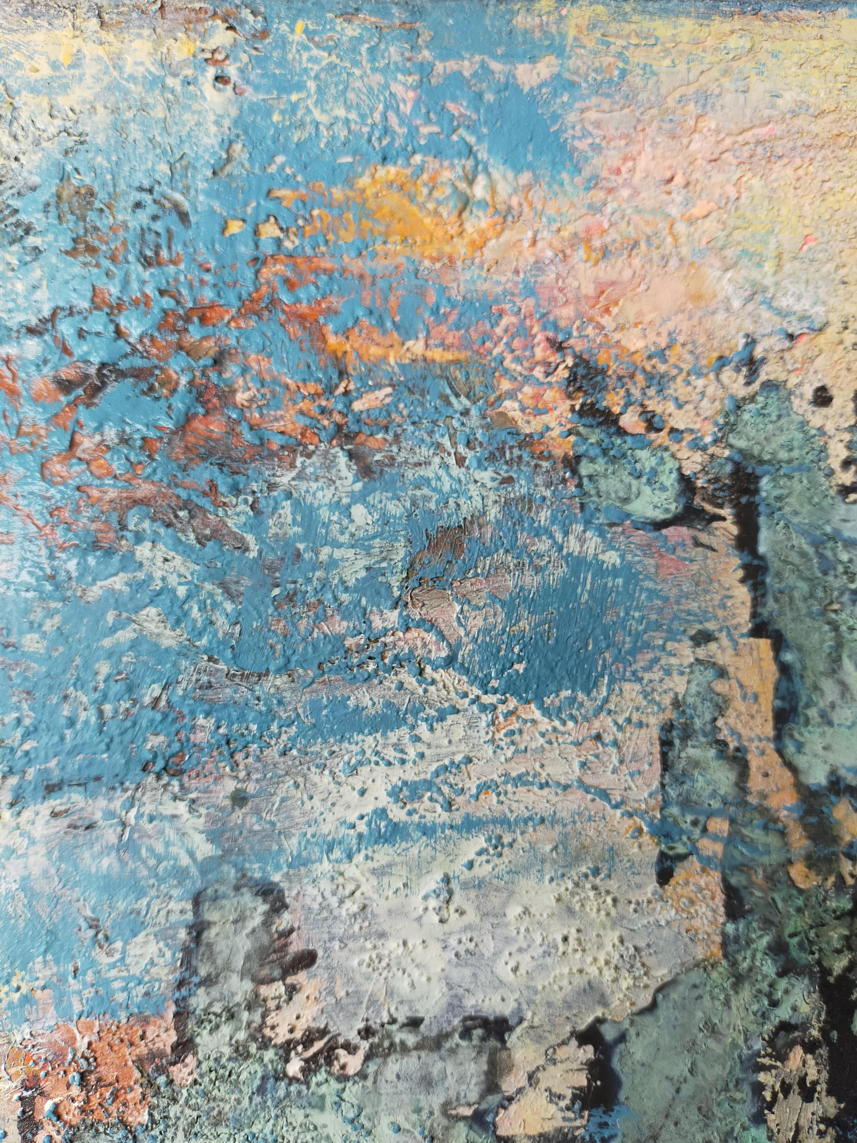 « 29/02/25 » acrylique abstraite, toile de lin collageon, 80 x80 cm - Gris Abstract Painting par Emmanuelle Vroelant