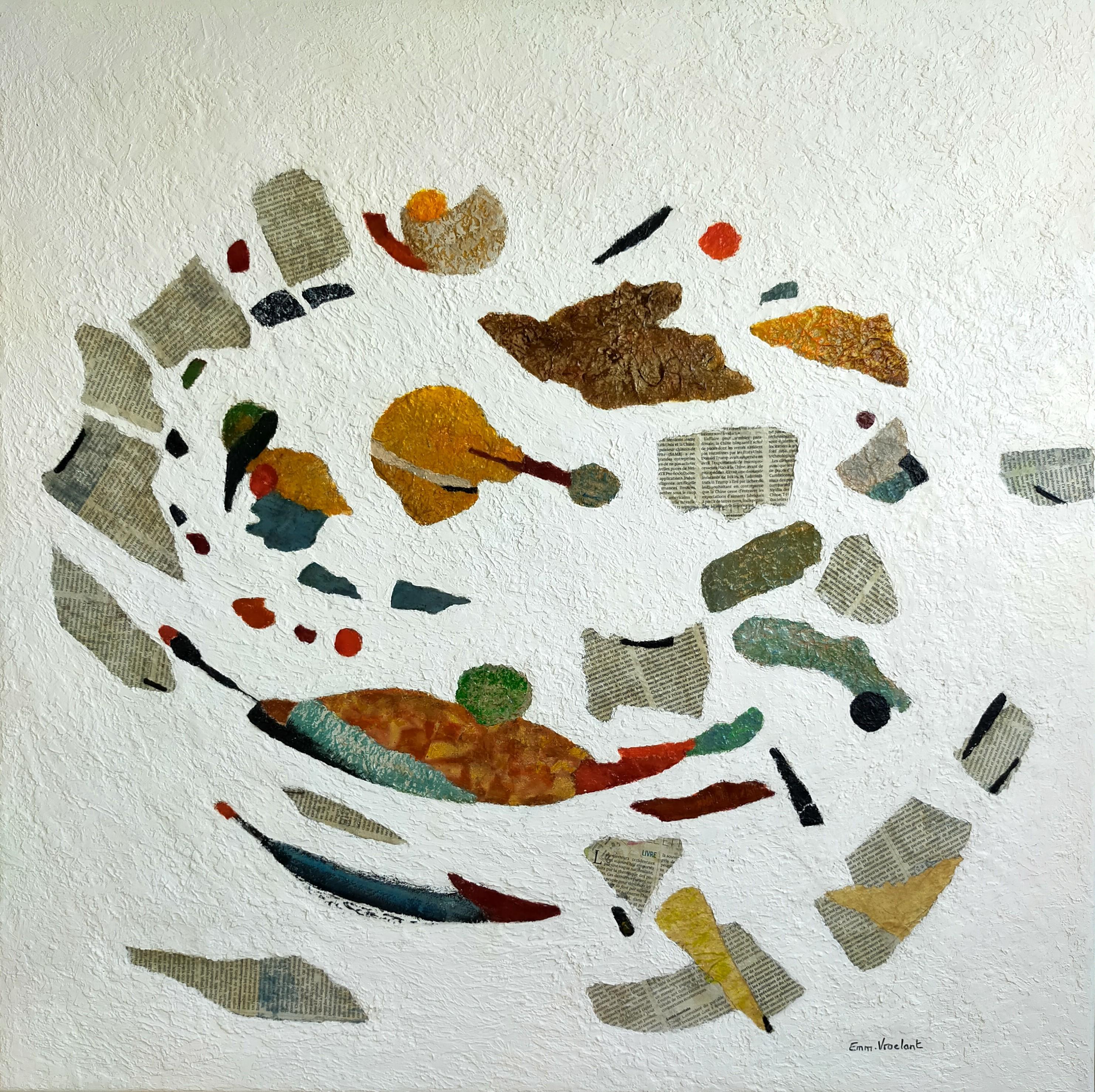 Emmanuelle Vroelant Abstract Painting - "Brouhaha" Abstract Acrylic, Copper leaf, Marbel powder, Protective varnish.