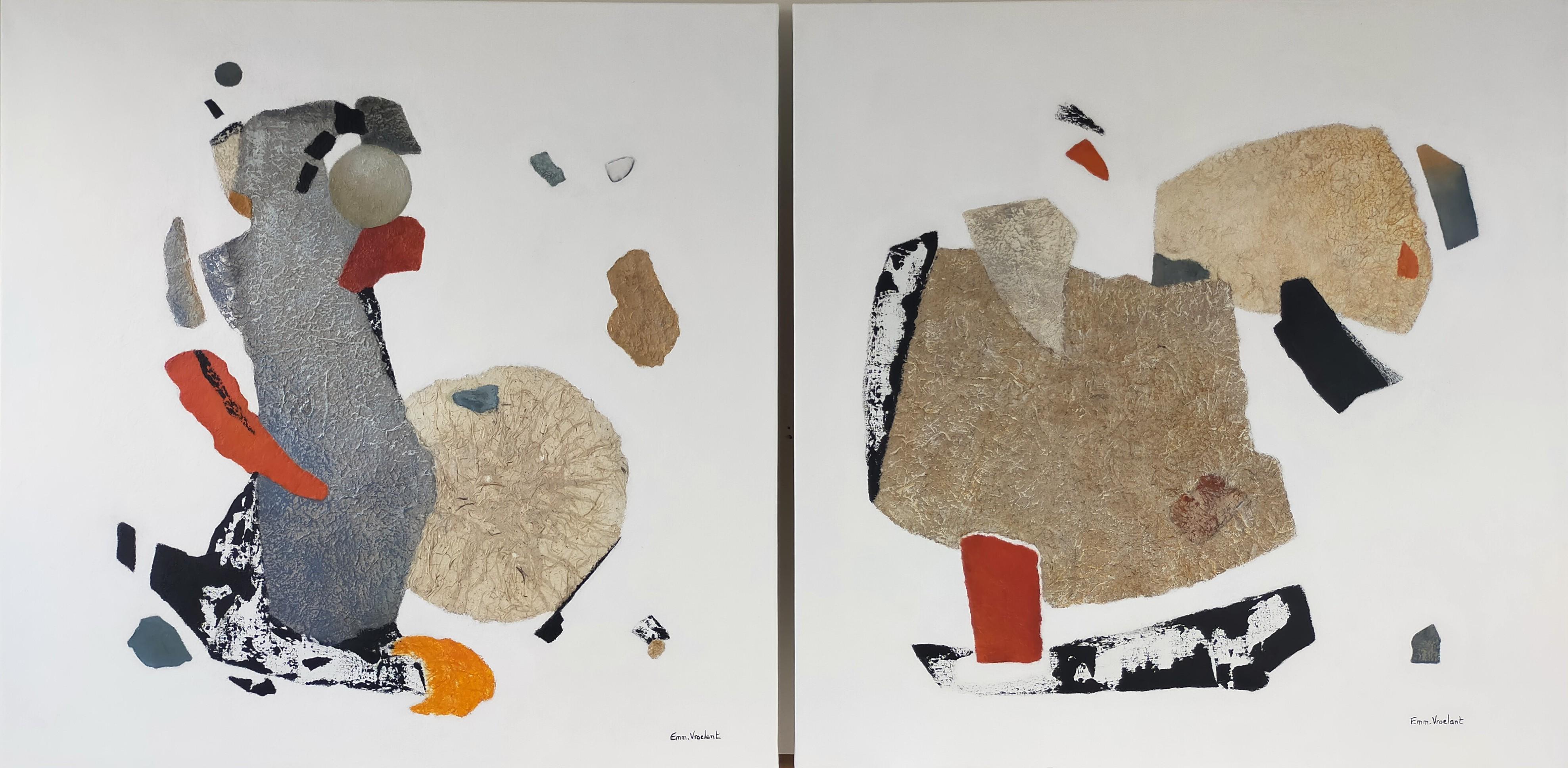 Emmanuelle Vroelant Abstract Painting - "Fantasy DUO" abstract acrylique, collage, marbel on linen canvas, 80x160cm