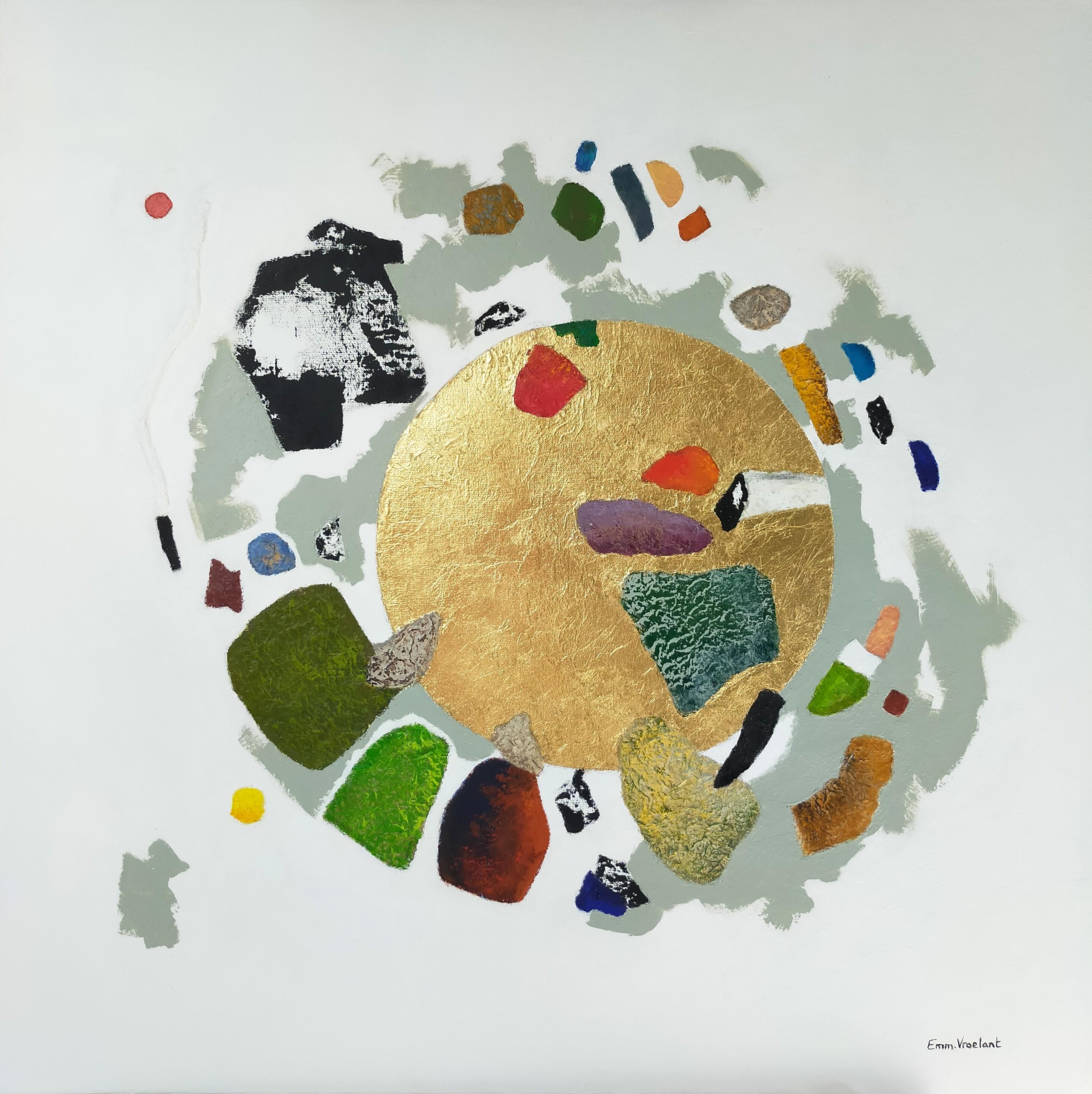 Emmanuelle Vroelant Abstract Painting - "upside down" abstract acrylique, collageon linen canvas, 80x80cm