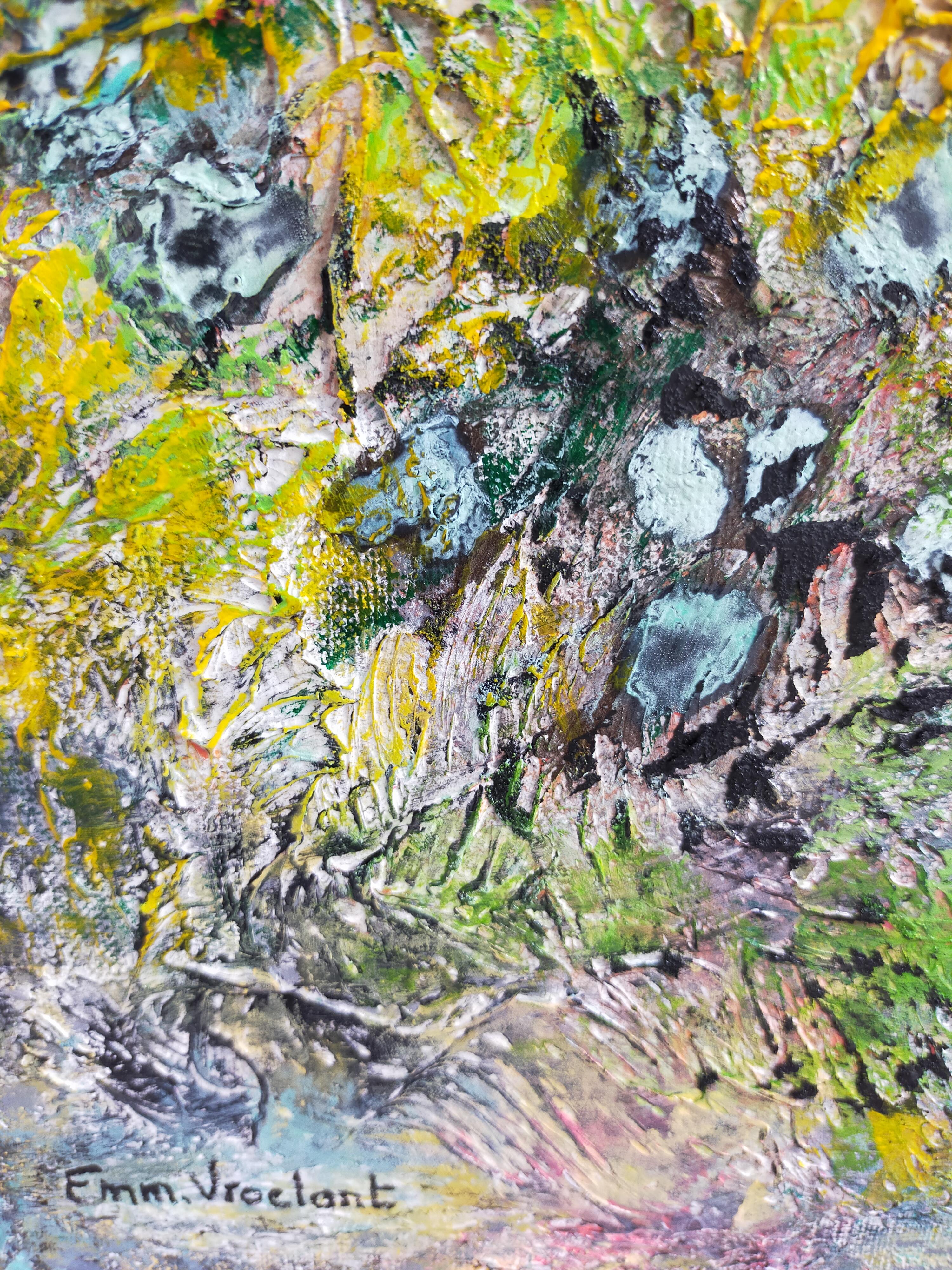 Coffre en bois abstrait « A fresh spring » en toile de lin acrylique 100 x 100 cm avec certificat - Painting de Emmanuelle Vroelant