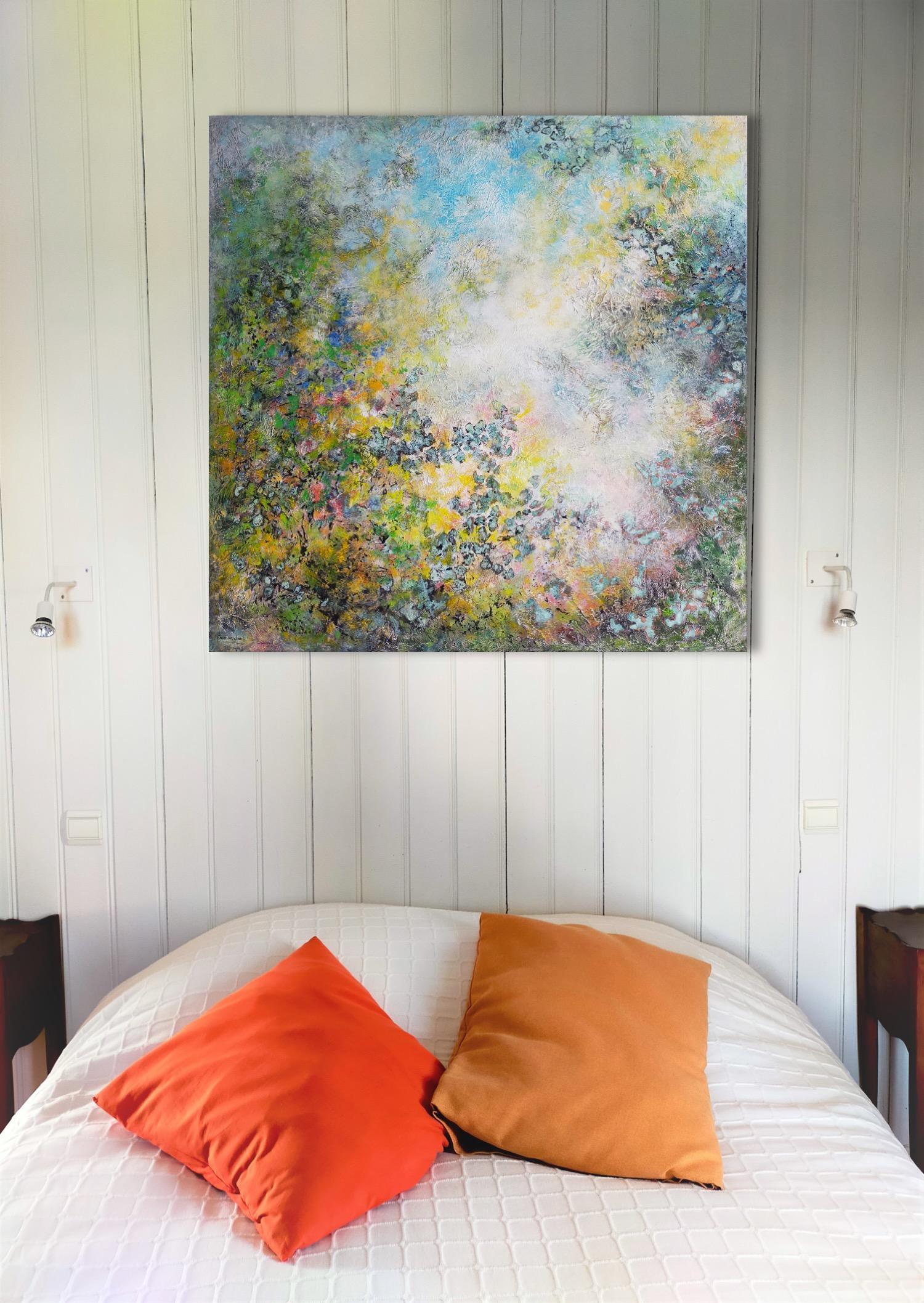 Coffre en bois abstrait « A fresh spring » en toile de lin acrylique 100 x 100 cm avec certificat - Abstrait Painting par Emmanuelle Vroelant