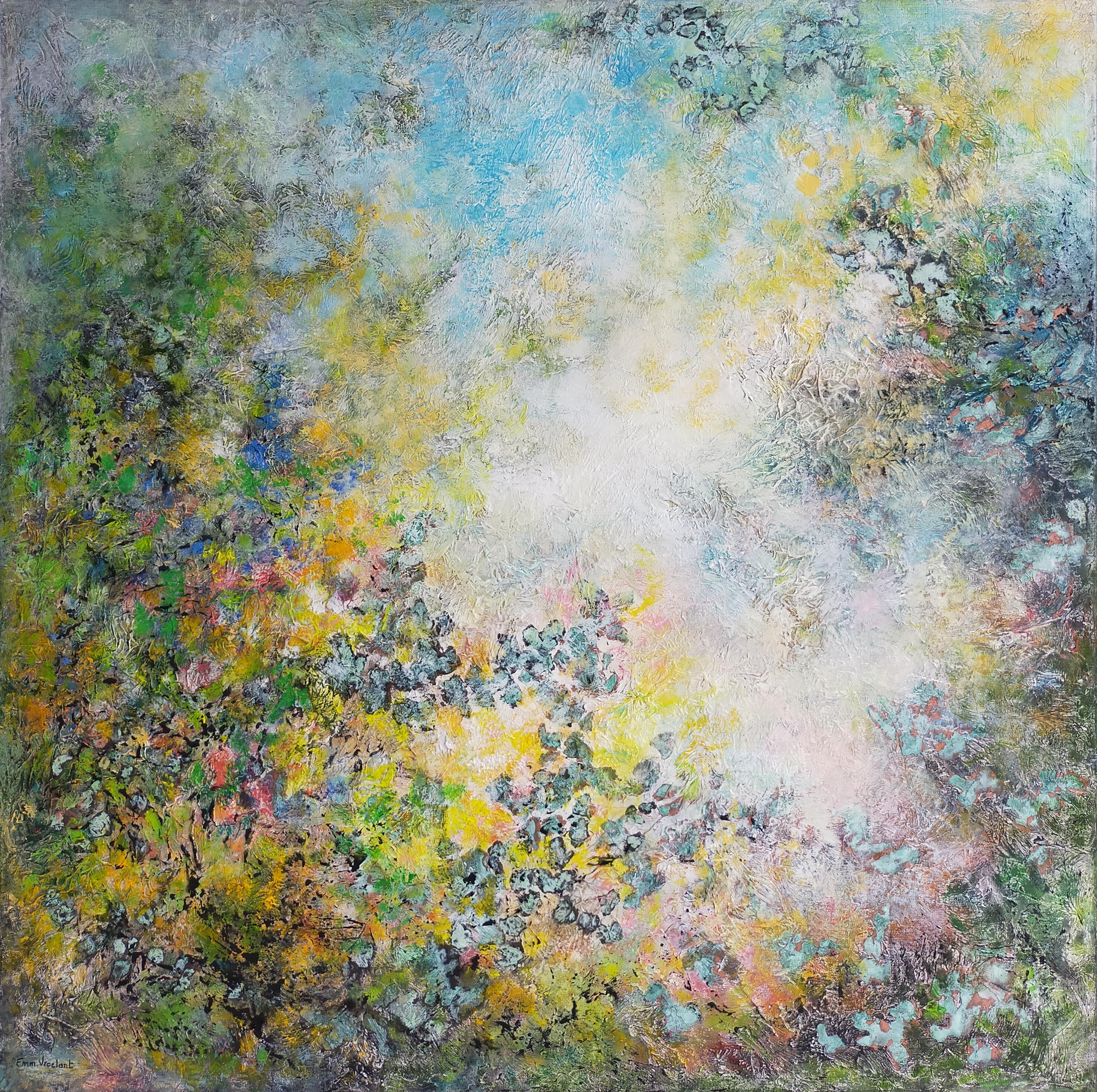 "A fresh spring" abstract  linen canvas 100x100cm certificate wood crate 2021