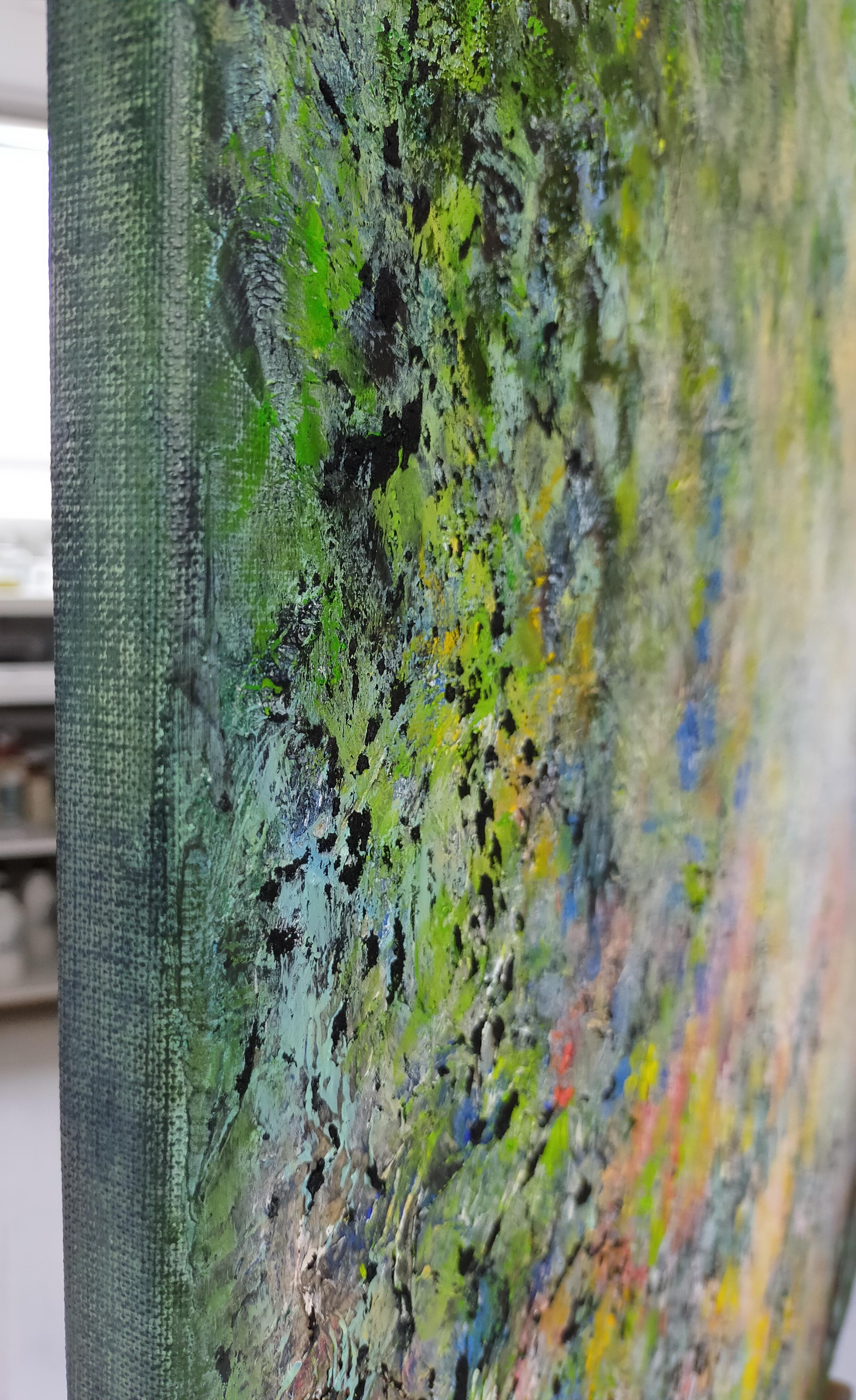 Coffre en bois abstrait « A fresh spring » en toile de lin acrylique 100 x 100 cm avec certificat en vente 4