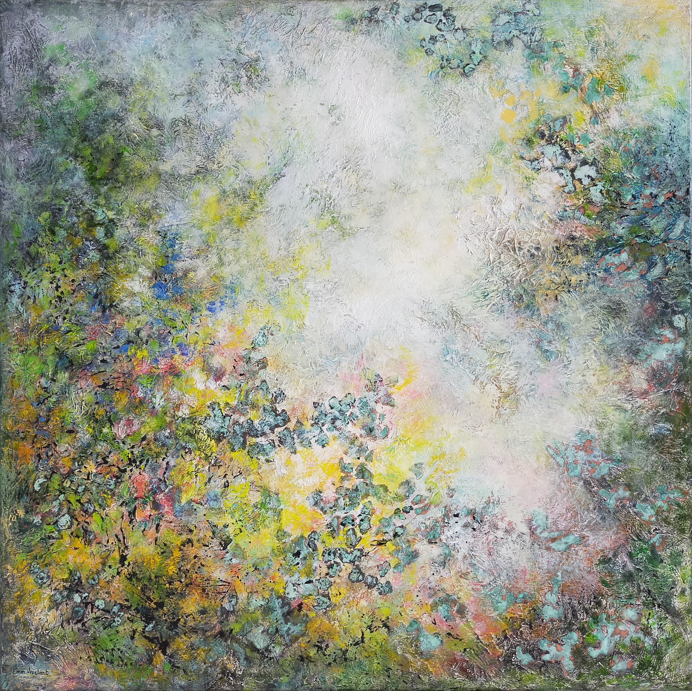 abstract "A fresh spring" acrylic linen canvas 100x100cm certificate wood crate