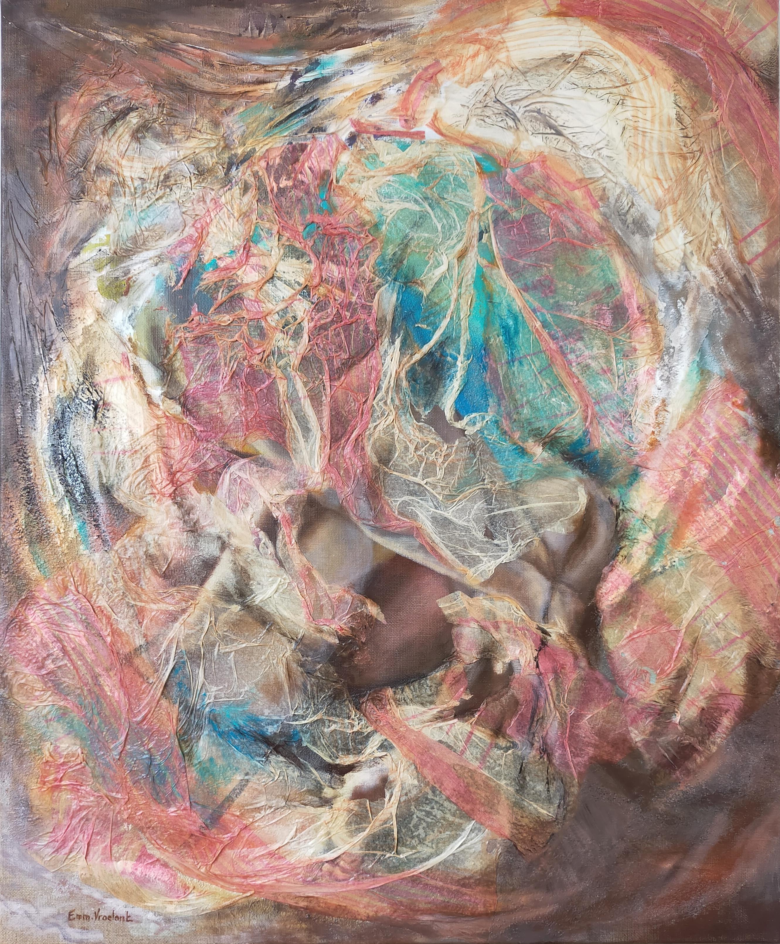 Abstract Painting Emmanuelle Vroelant - Peinture abstraite « Landfill » en toile de lin acrylique 73x60 cm couleur tsunami 