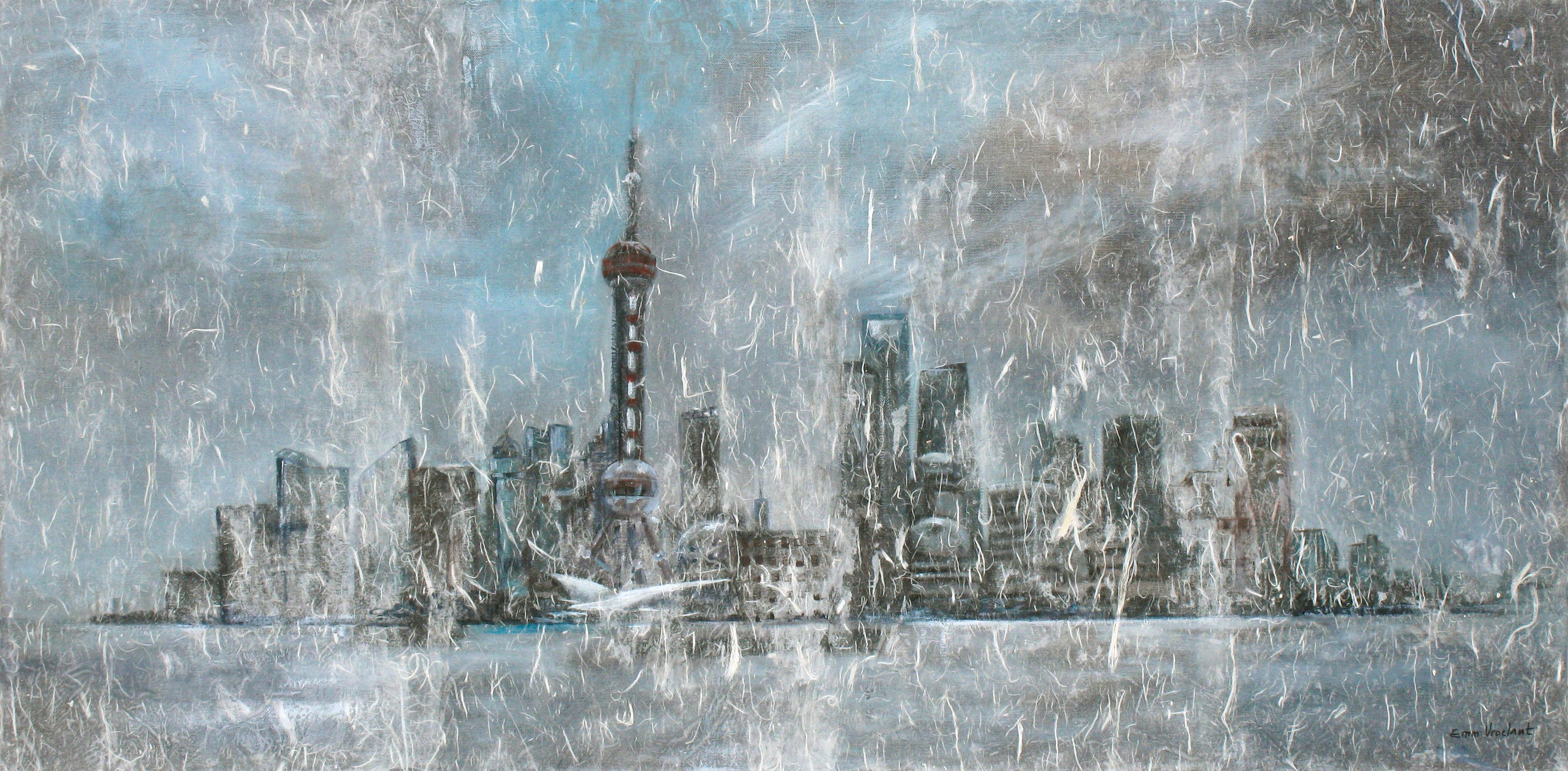 Emmanuelle Vroelant Abstract Painting - "Shanghai in the mist" abstract  acrylic linen canvas 50x100cm 2009