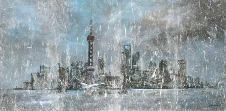 Emmanuelle Vroelant Abstract Painting - abstract "Shanghai in the mist" acrylic linen canvas 2009 50x100cm