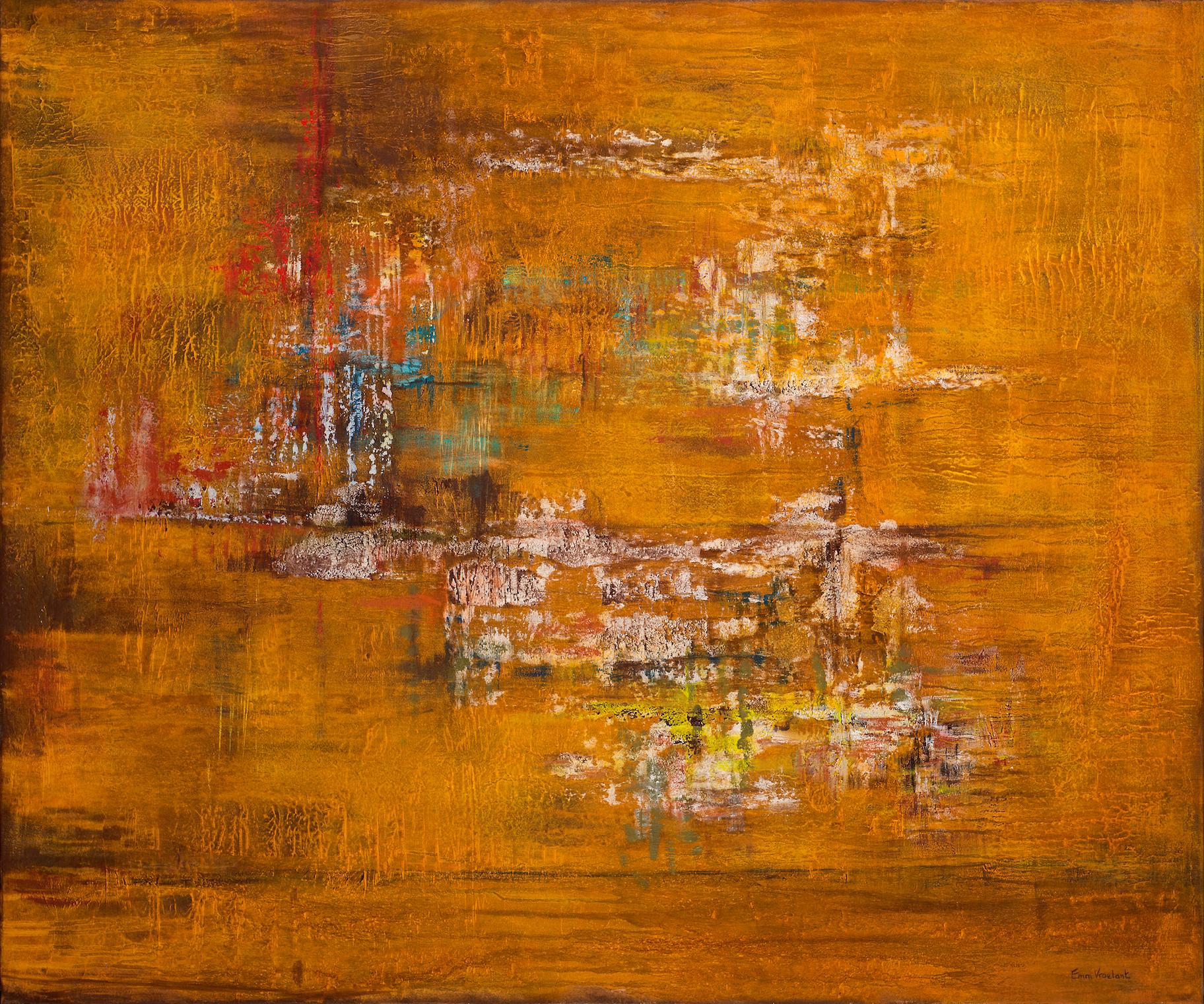 Emmanuelle Vroelant Interior Painting - "Traces" abstract  oxidation on linen canvas 100x120cm send in wood crate 2015