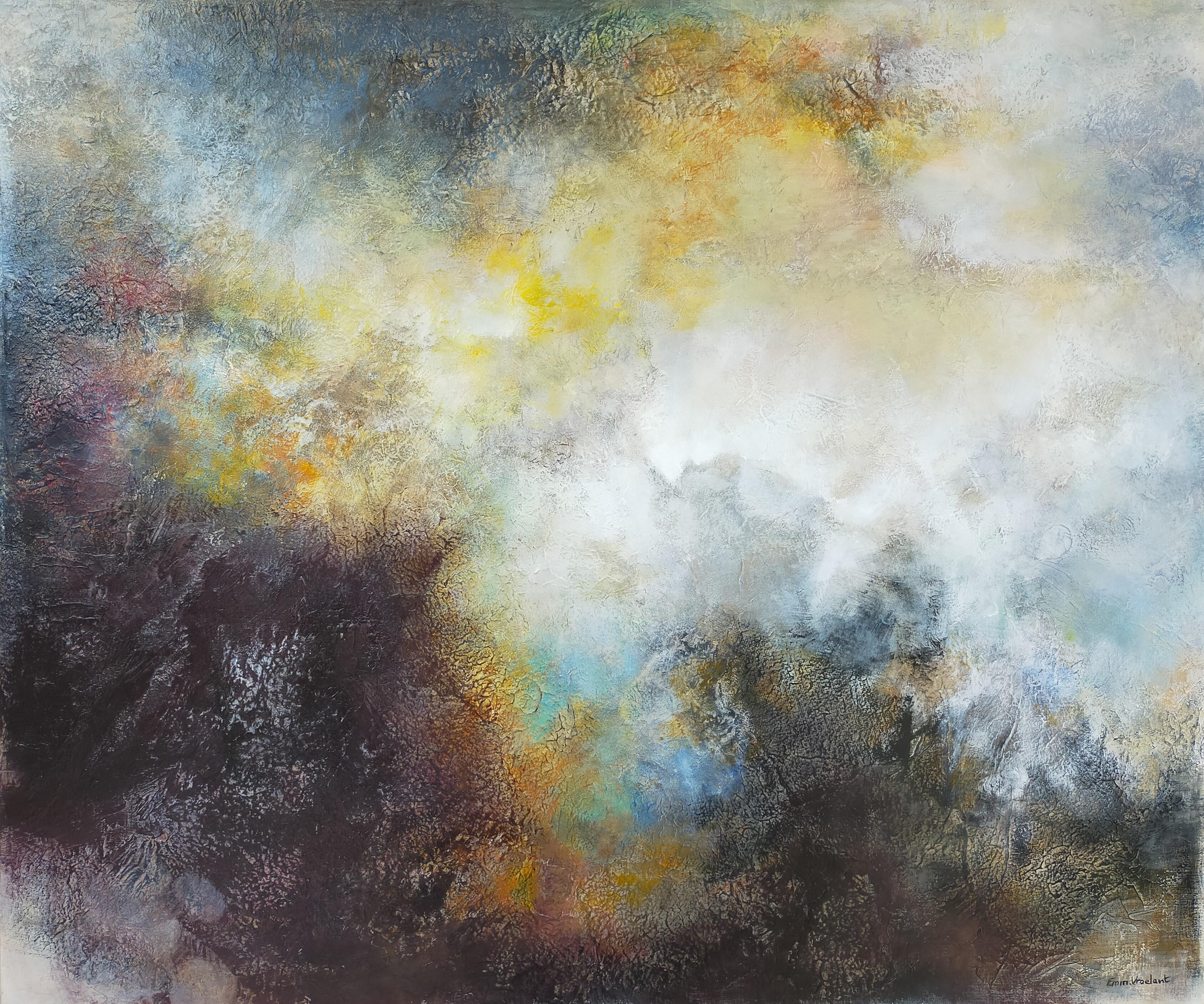 Coffre en bois abstrait « Atmosphere » en toile de lin acrylique bleu jaune 120 x 120 cm  