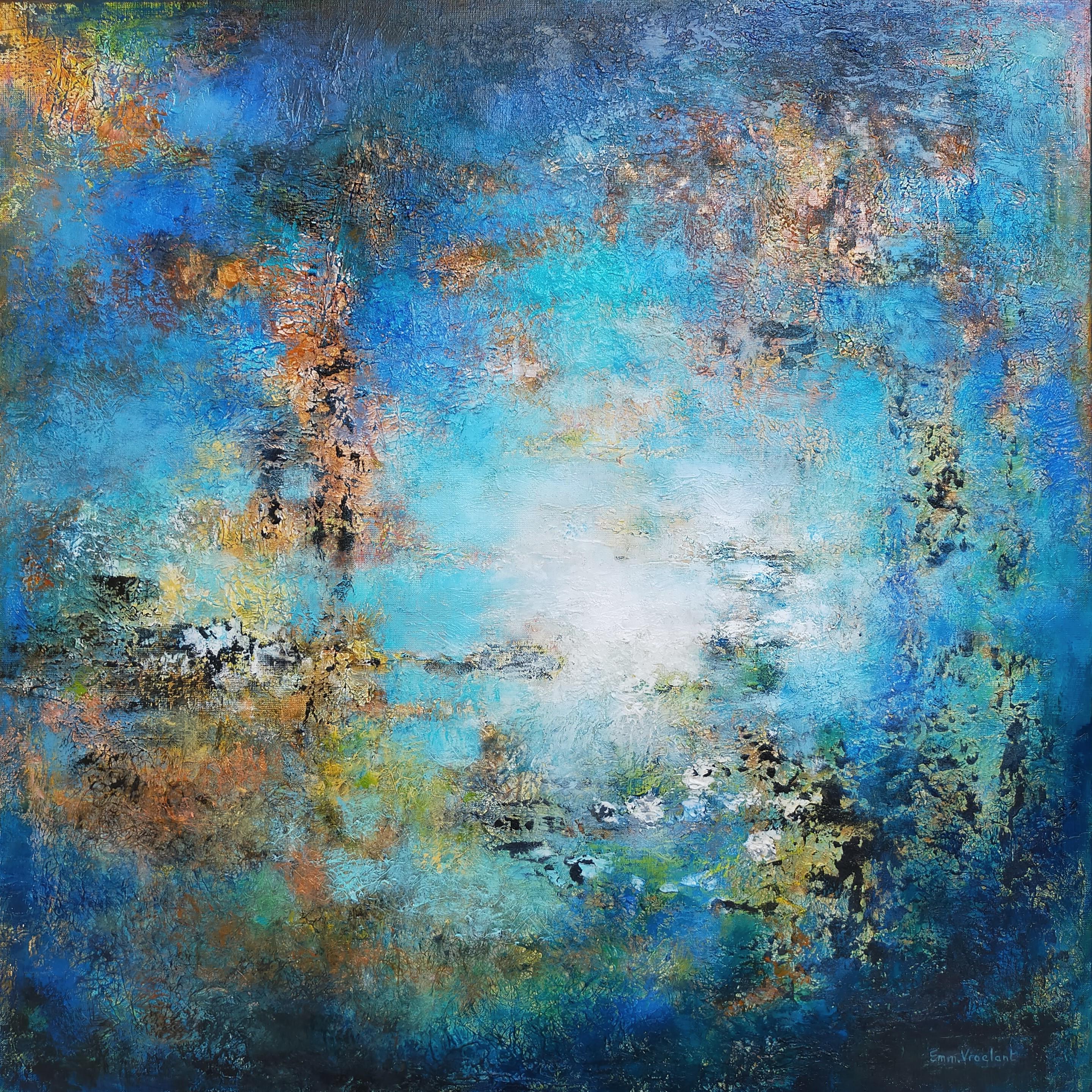 Emmanuelle Vroelant Interior Painting - "Calypso" abstract acrylic marble powder on linen canvas  80x80cm 2020 