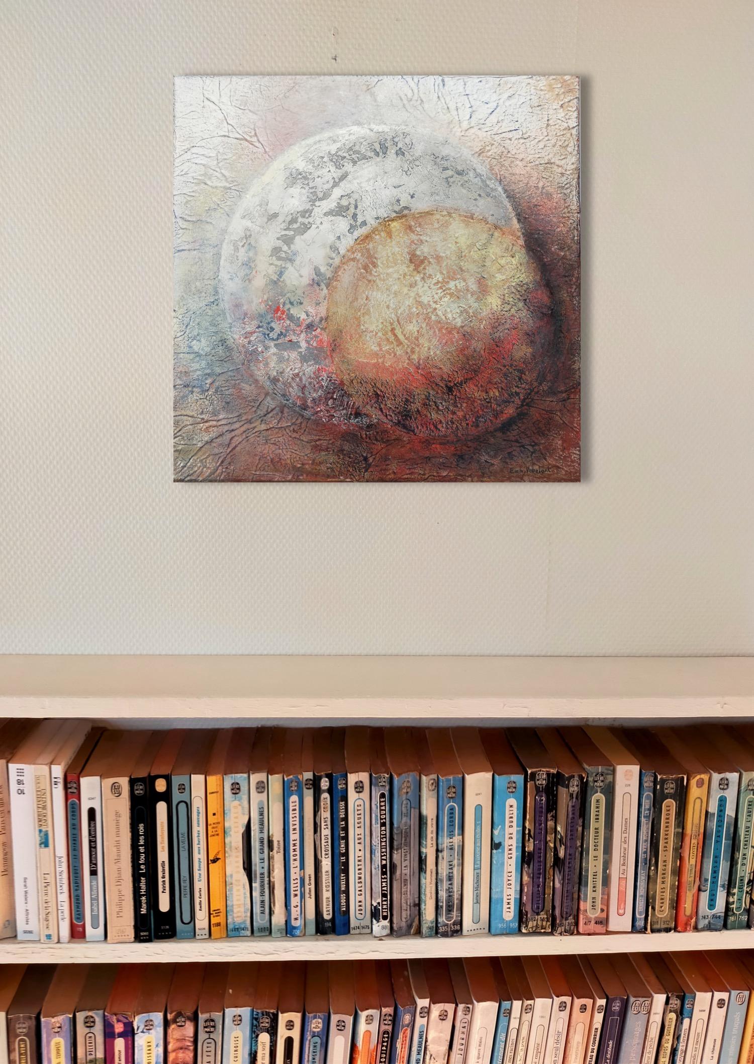  acrylique abstraite « Sphères convoitées »  Collage 50x50cm 2022 - Painting de Emmanuelle Vroelant