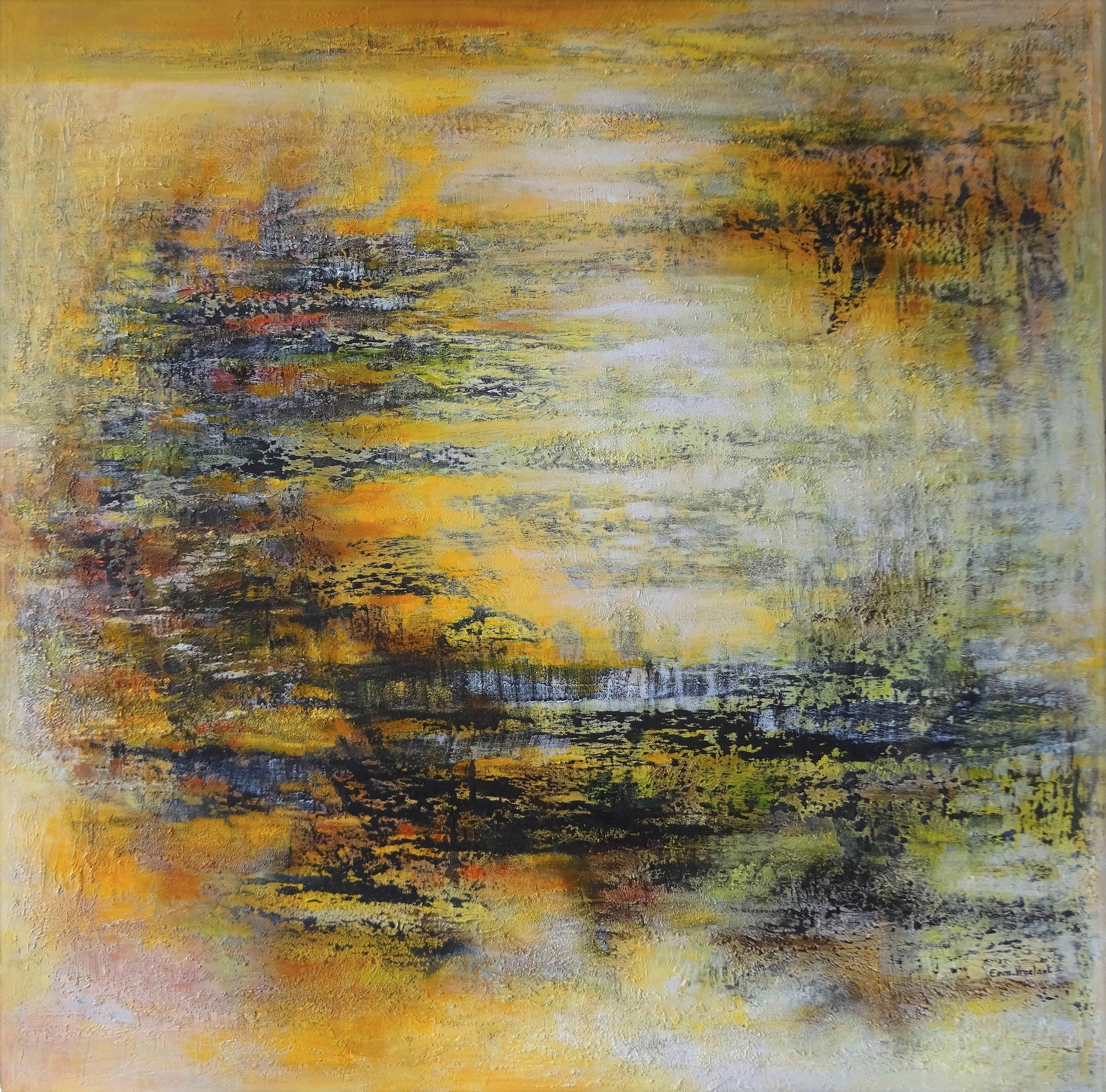 Emmanuelle Vroelant Abstract Painting – "Didgeridoo-1" abstrakte Acryl-Oxidation auf Leinen Leinwand 100x100cm 2017
