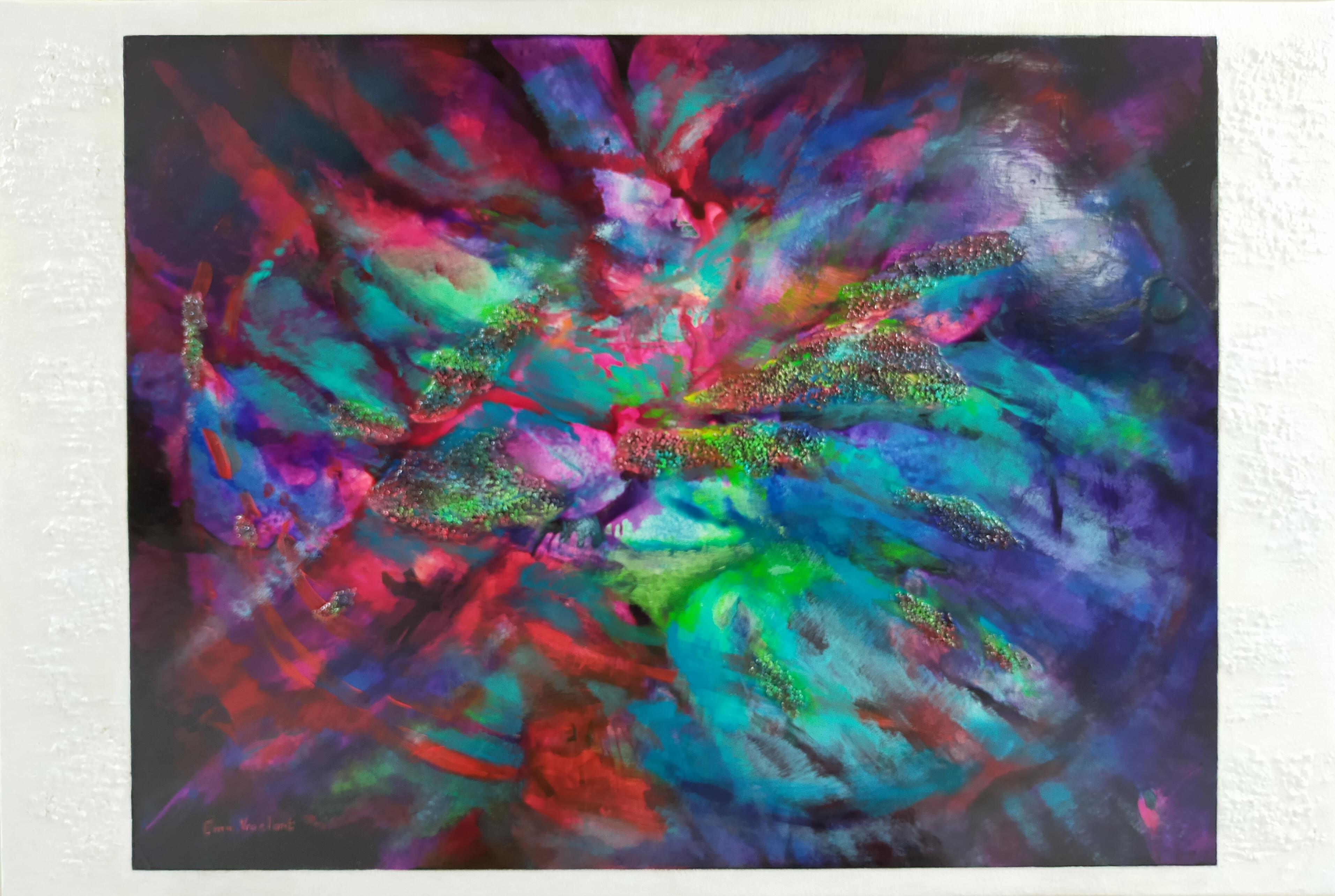 Emmanuelle Vroelant Abstract Painting - "Fascination"  abstract acrylic on bristol roller pressing on linen  54x81cm