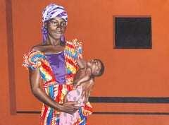 "Femme à l'enfant  figuratif  acrylique sur panneau de lin 60x73cm 1986