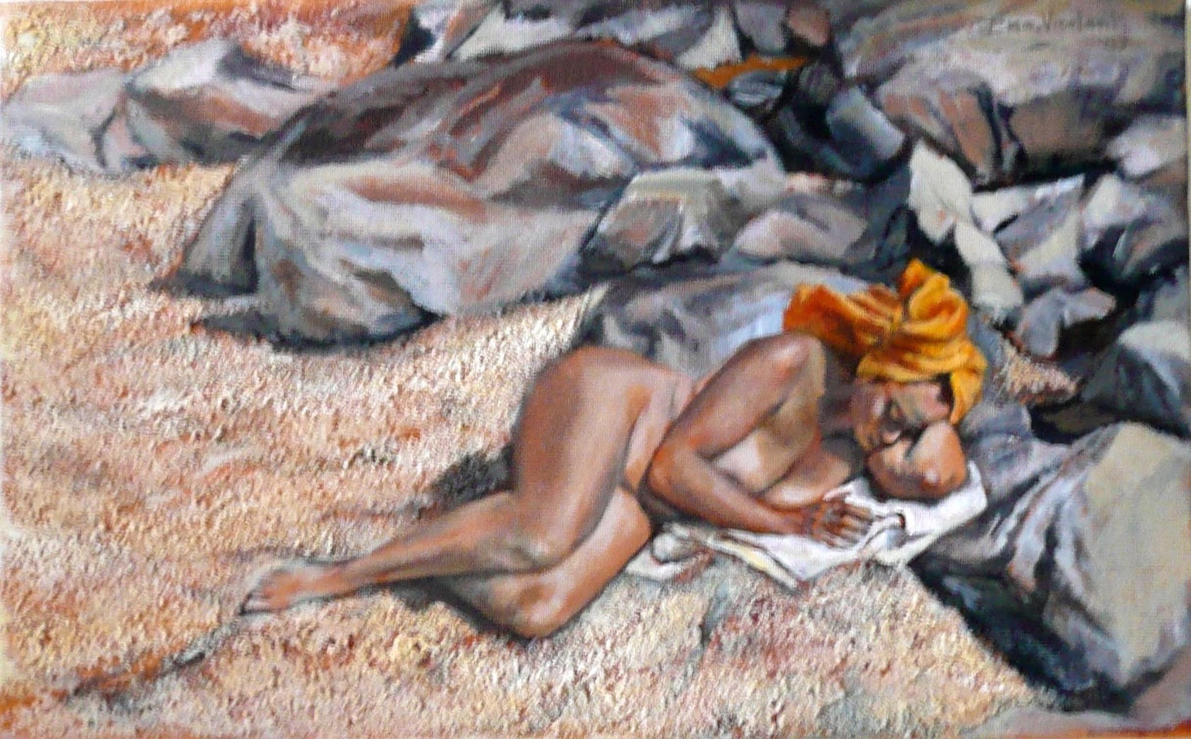 figuratif  "Nap" acrylic linen canvas 22x32cm 2008 french naked nude - Painting by Emmanuelle Vroelant