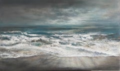 figuratif  "Want to swim" acrylique  on linen canvas 60x100cm sea blue white 