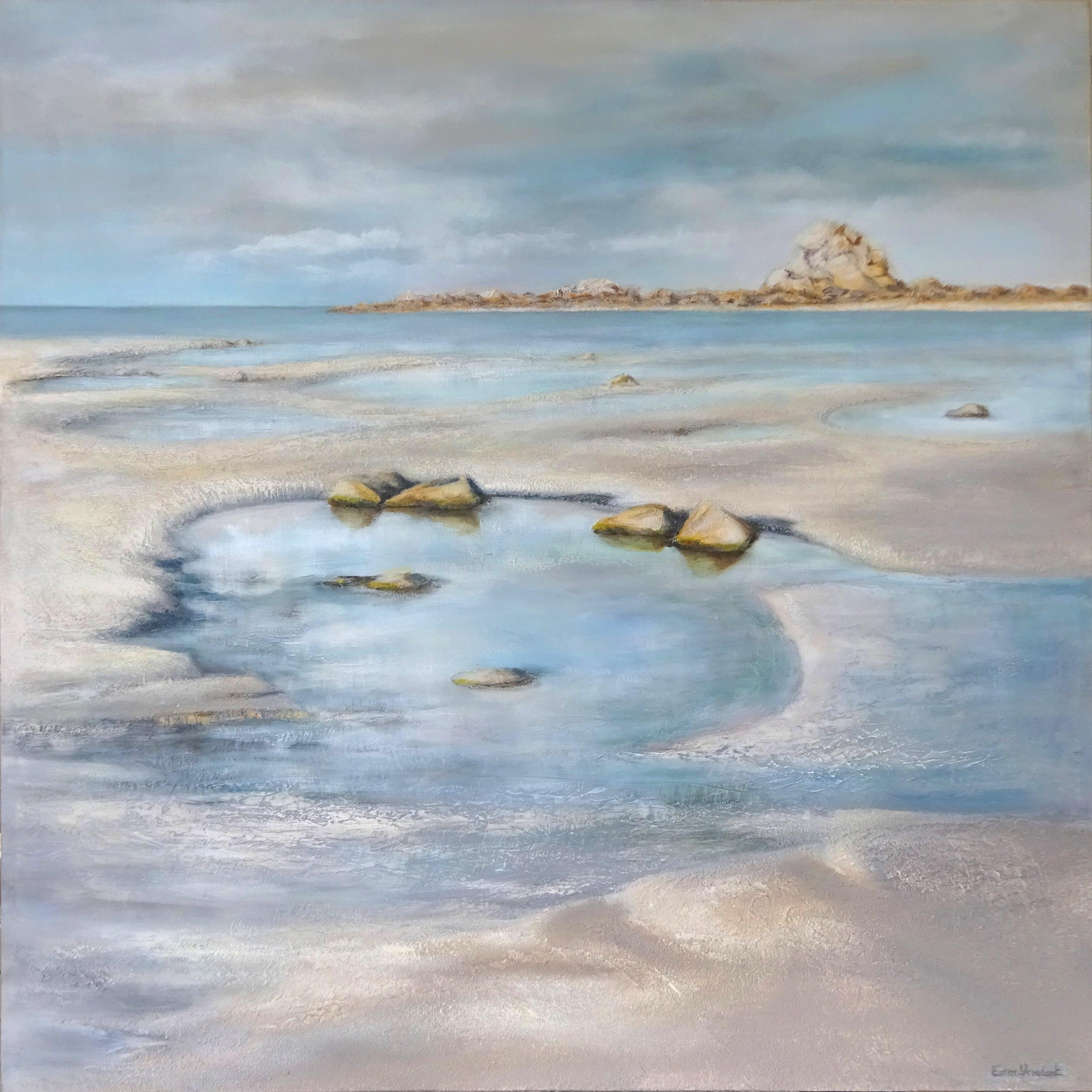 Emmanuelle Vroelant Landscape Painting - "Kerfi-Zen beach" figurative painting on linen canvas 100x100cm