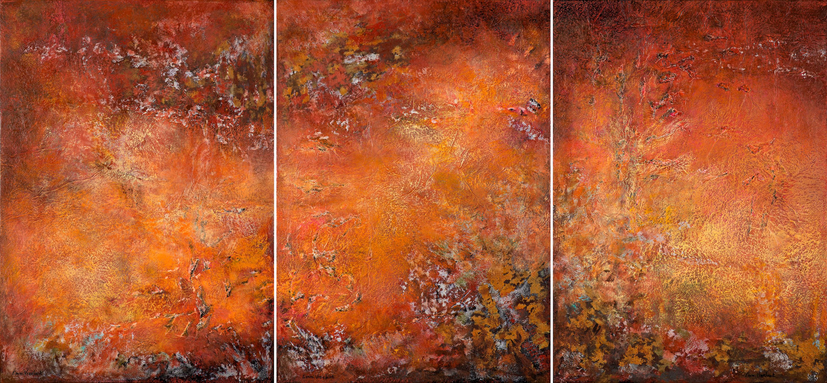 Emmanuelle Vroelant Still-Life Painting - "Fire" abstract acrylic canvas linen triptych 70x150cm send wood crate red